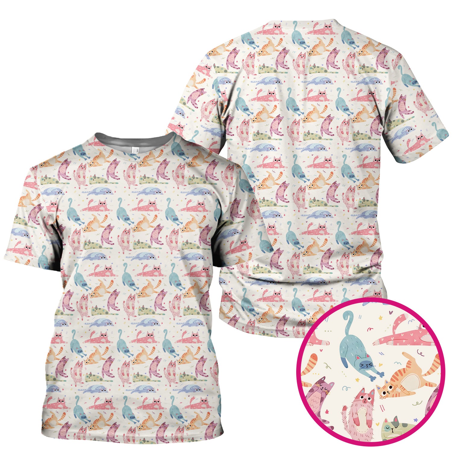 Funny Pastel Cat Pattern Medical Scrub Top, Breathable Fabrics Nursing Uniform