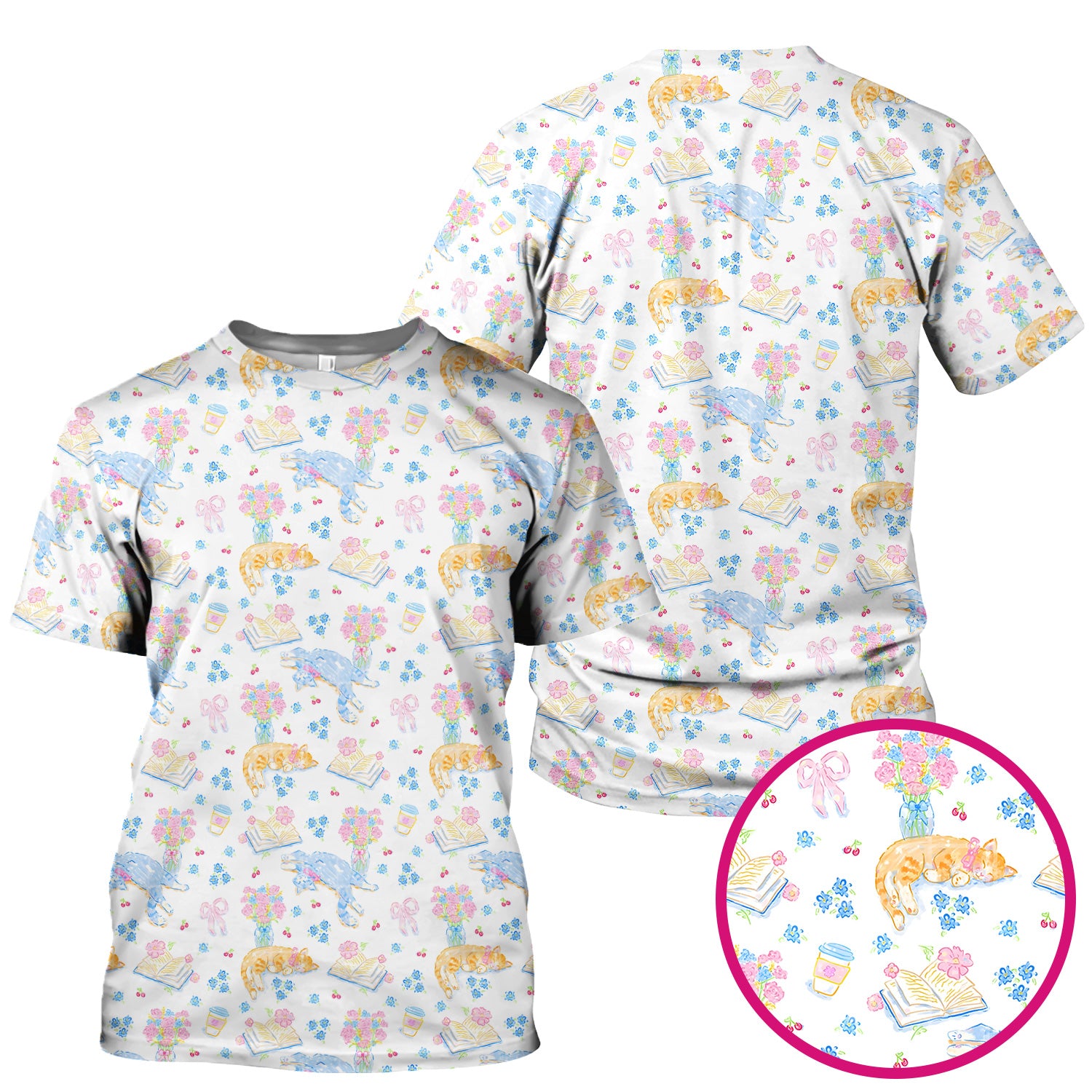 Cute Cats Reading Floral Books Pattern Scrub Top, Comfortable Scrubs for Nurses