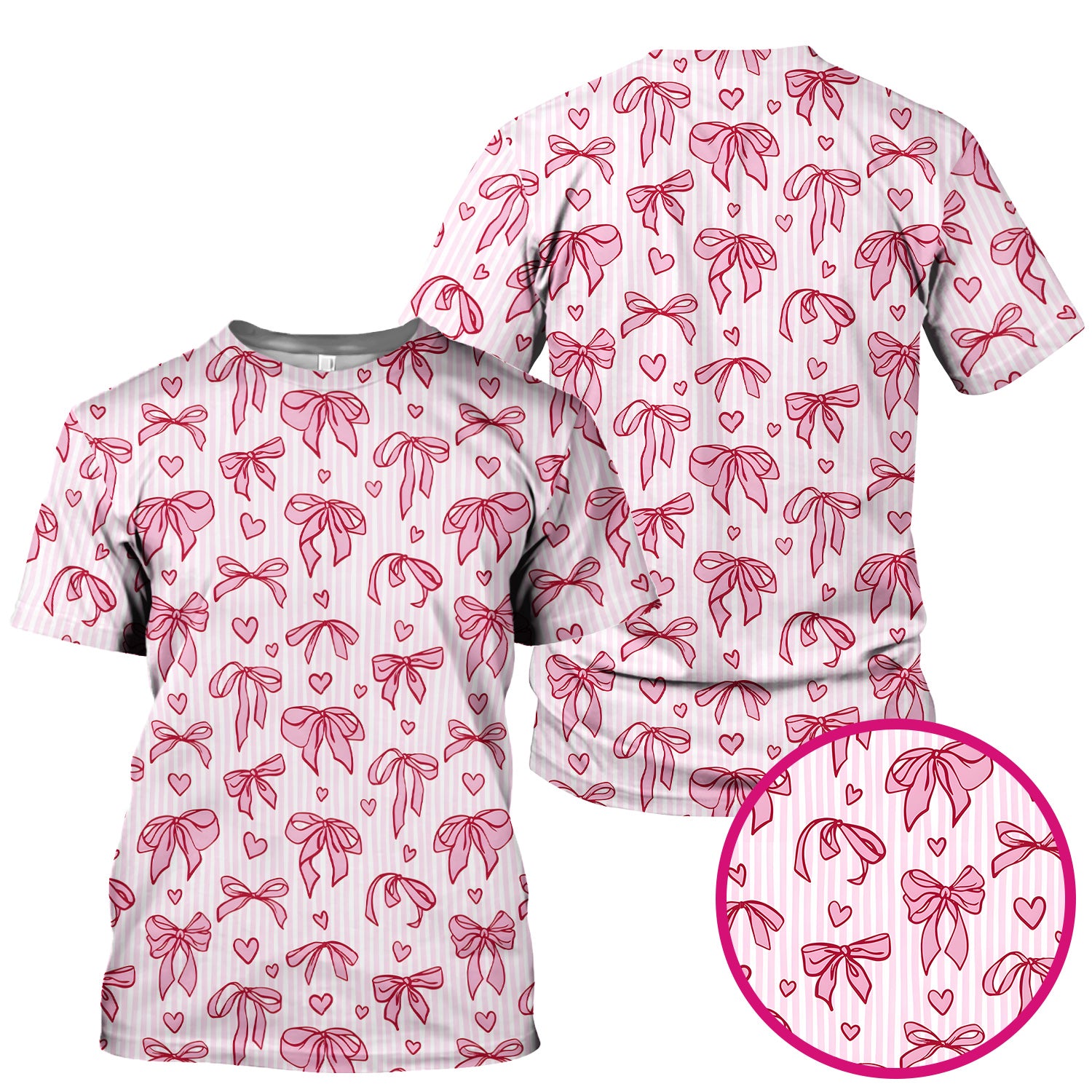 Pink Bow Heart Stripe Pattern Scrub Top, Breathable Fabrics Nursing Uniform