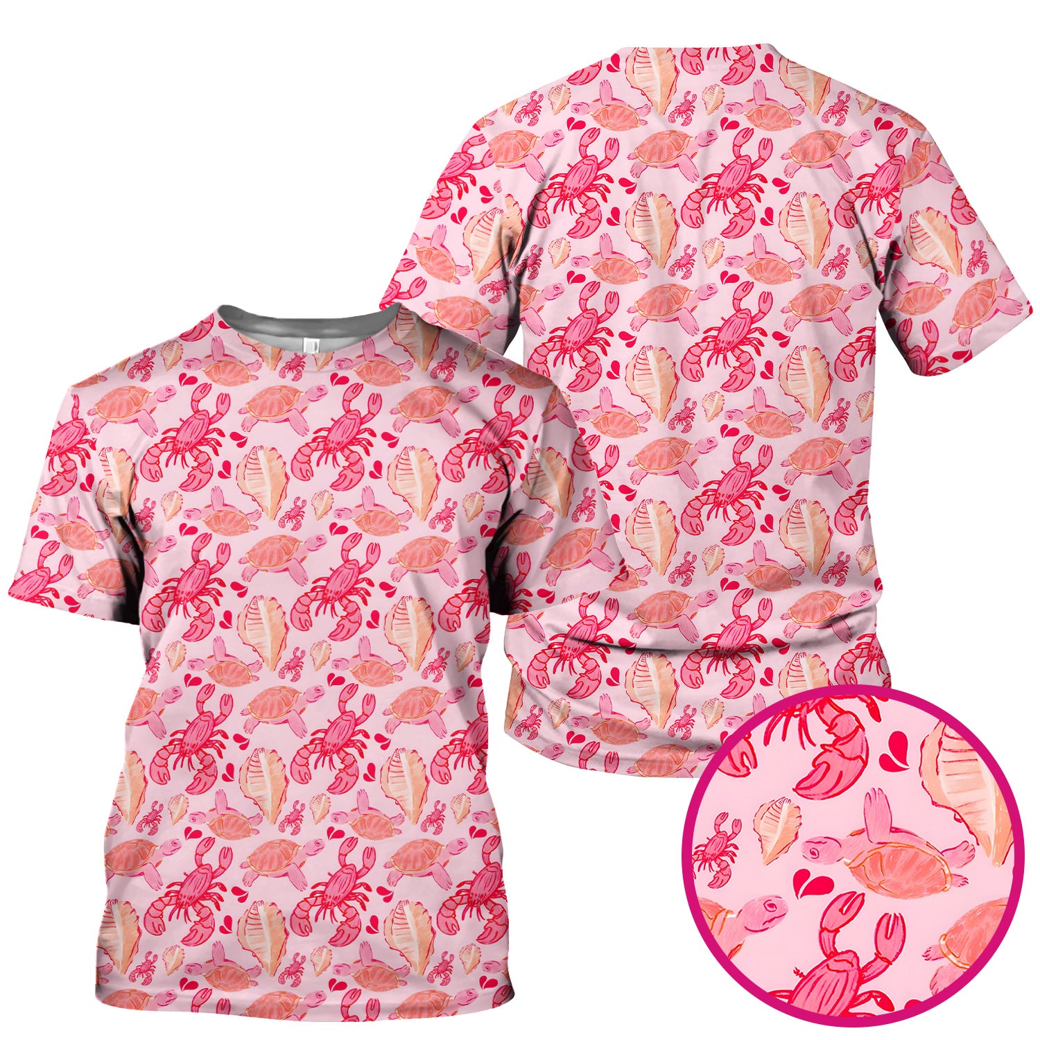 Pink Sea Turtle Lobster Shell Pattern Scrub Top, Coastal Ocean Nursing Uniform for Women