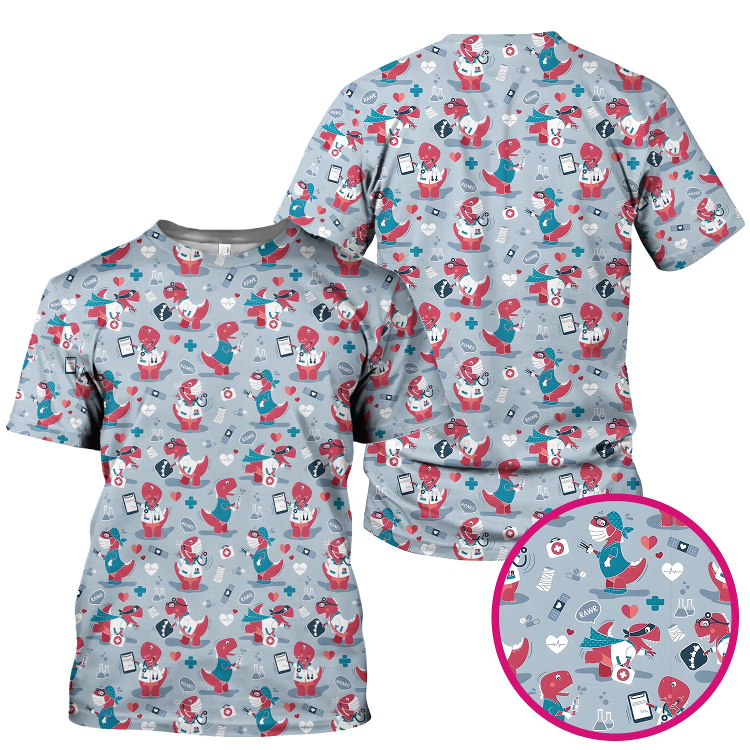 Cute Dinosaur Doctor Medical Pattern Scrub Top, Breathable Fabrics Nursing Uniform