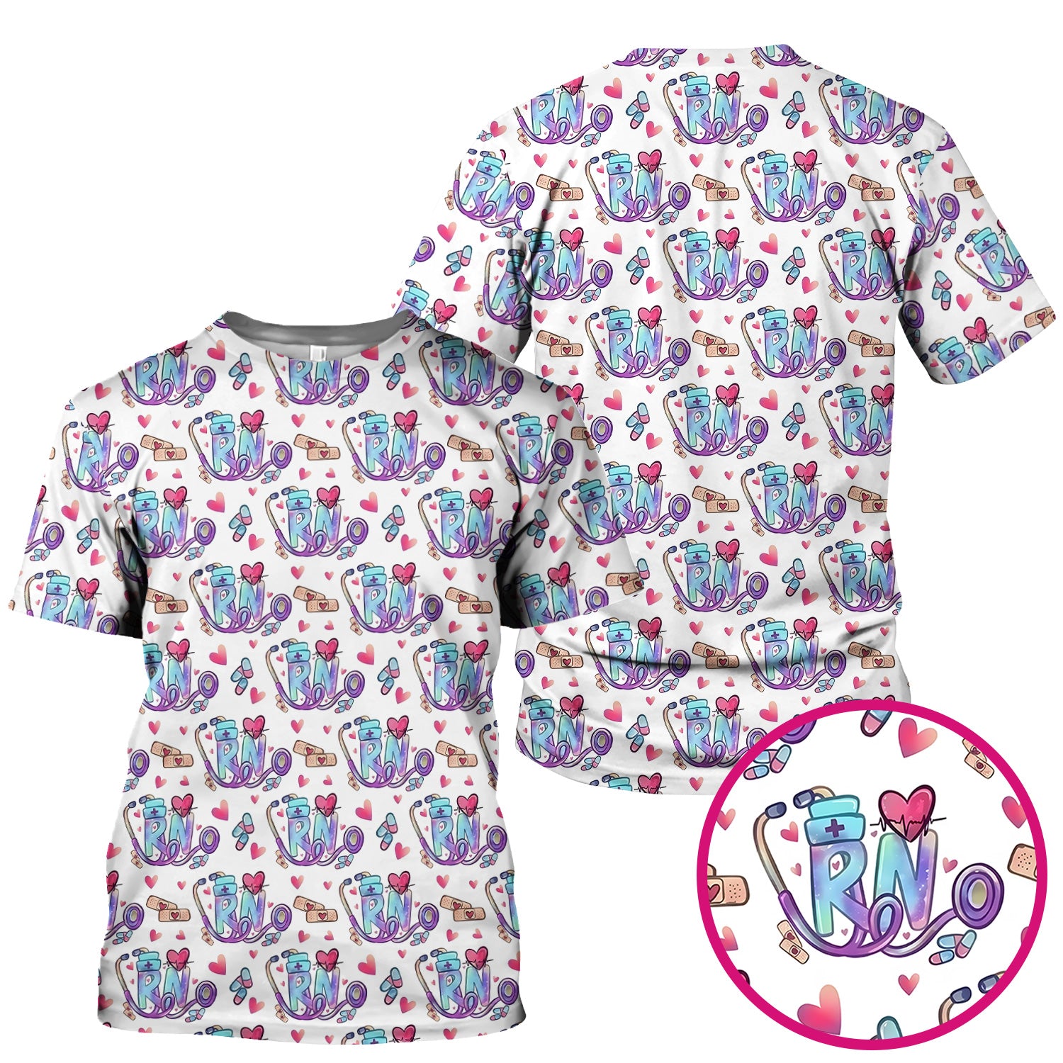 Nurse Life RN Heart Pattern Scrub Top, Breathable Fabrics Nursing Uniform
