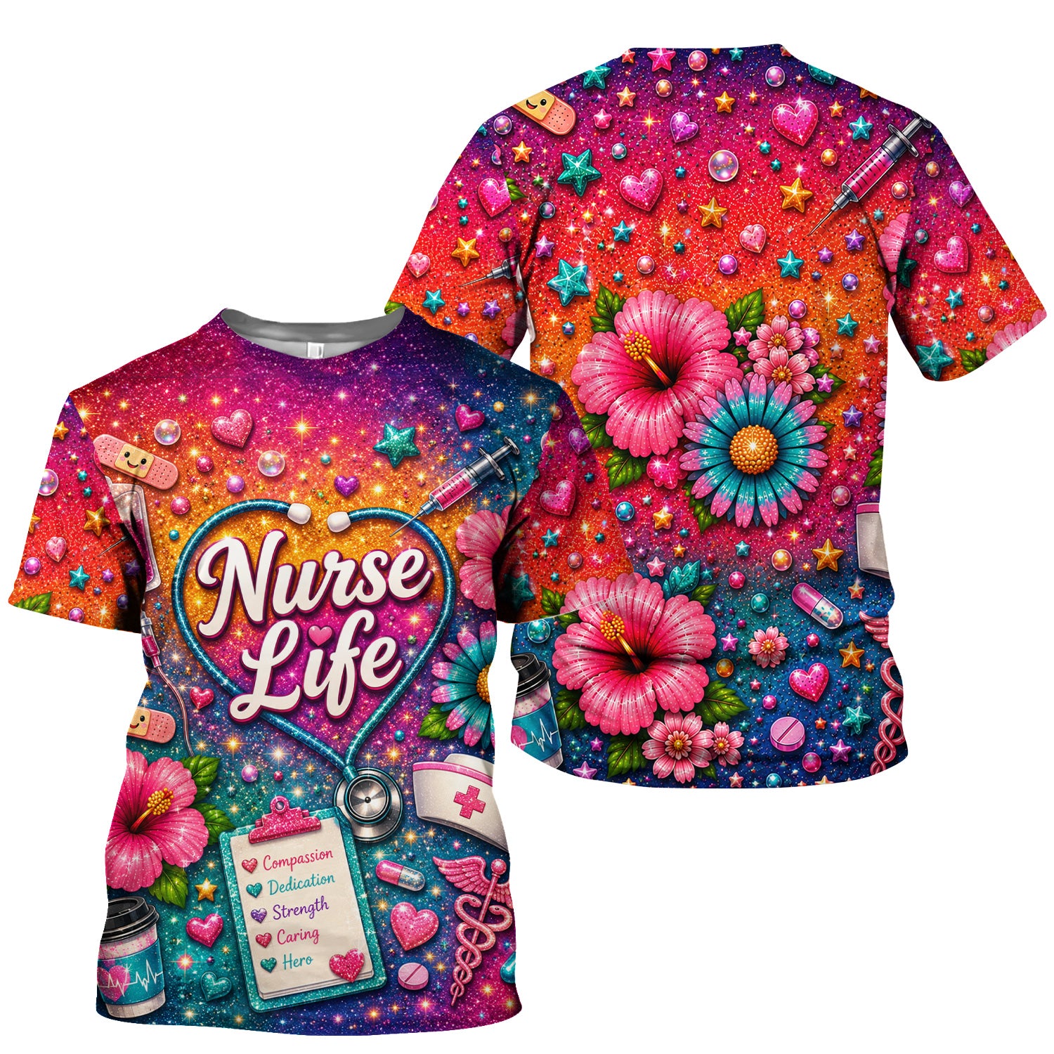 Colorful Nurse Life Heart Pattern Scrub Top, Comfortable Scrubs for Nurses