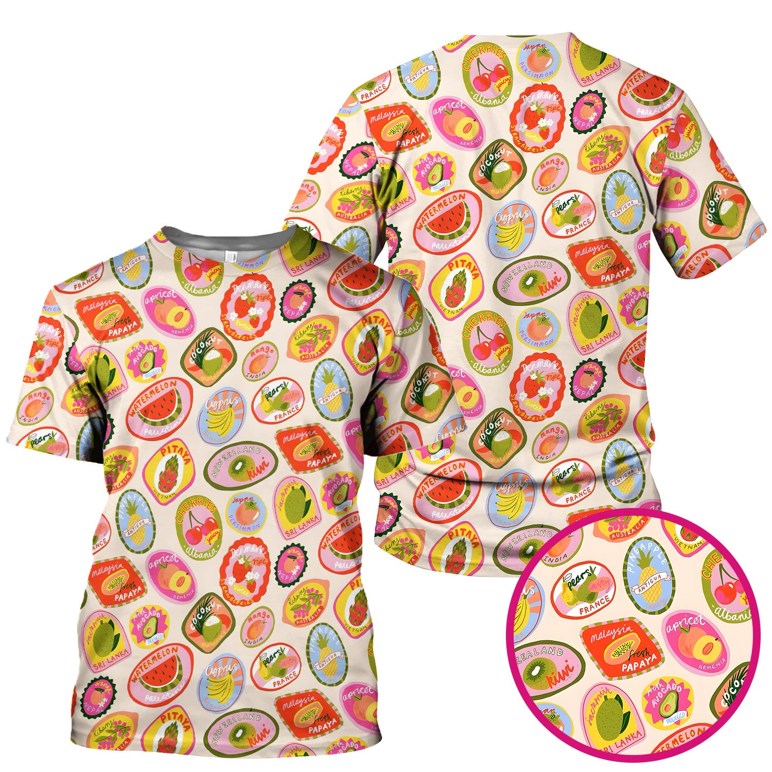 Summer Colorful Fruit Sticker Pattern Scrub Top, Comfortable Scrubs For Nurses