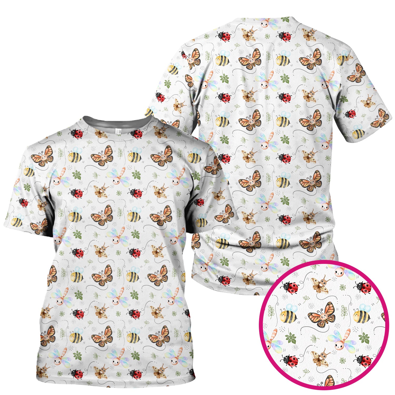 Colorful Garden Insect Pattern Scrub Top, Breathable Fabrics Nursing Uniform