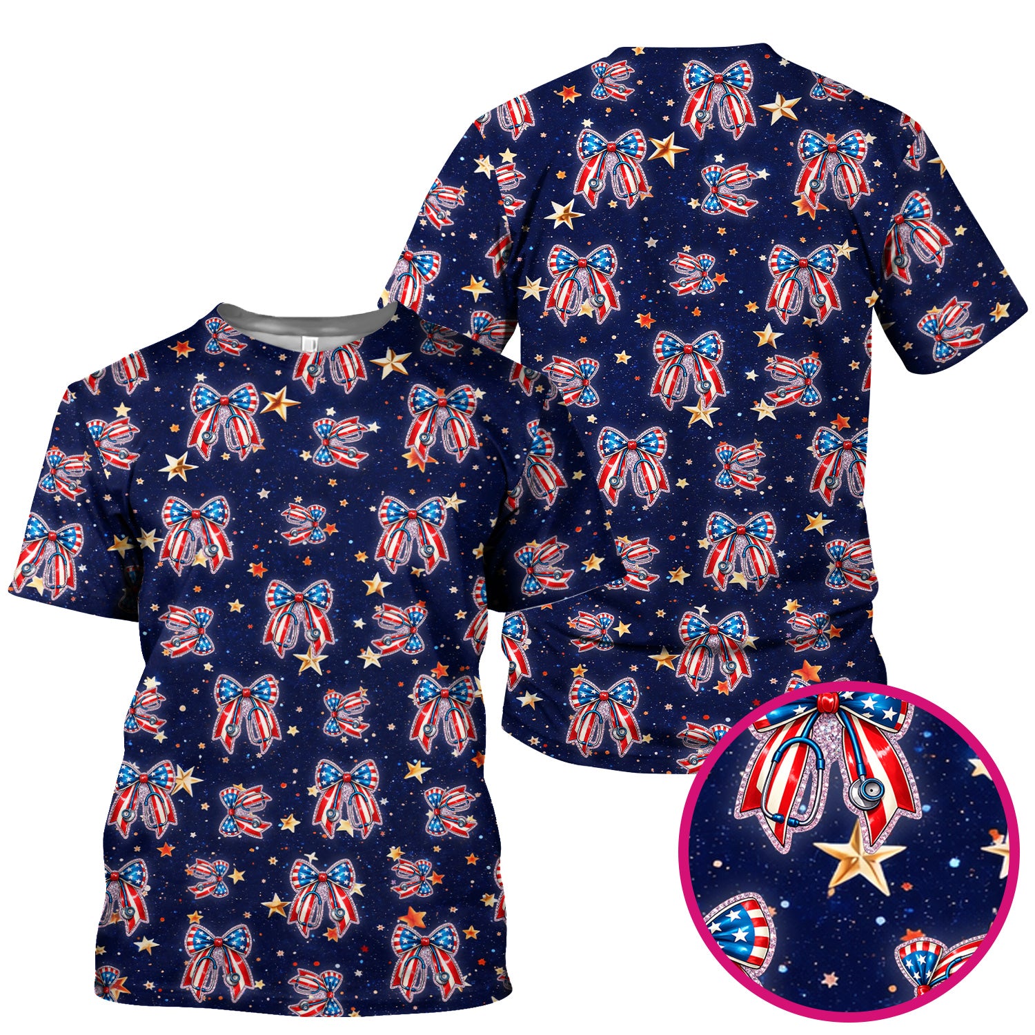 Patriotic Bow Star Print Nurse Scrub Top, Breathable Fabrics Nursing Uniform