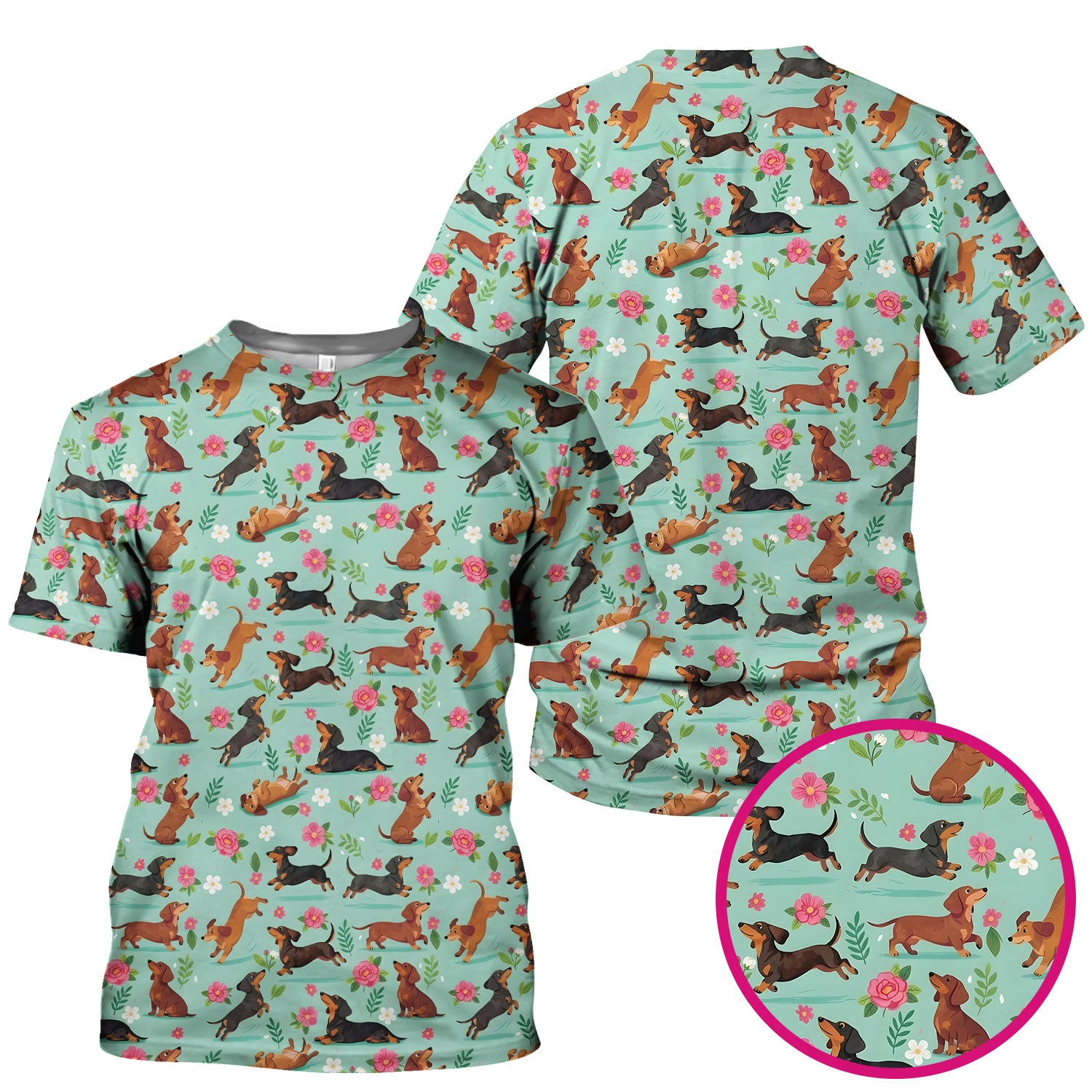 Cute Floral Dachshund Puppy Pattern Scrub Top, Comfortable Scrubs for Nurses