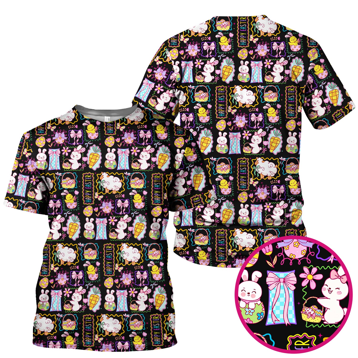 Cute Easter Bunny Egg and Bow Print Scrub Top, Breathable Fabrics Nursing Uniform