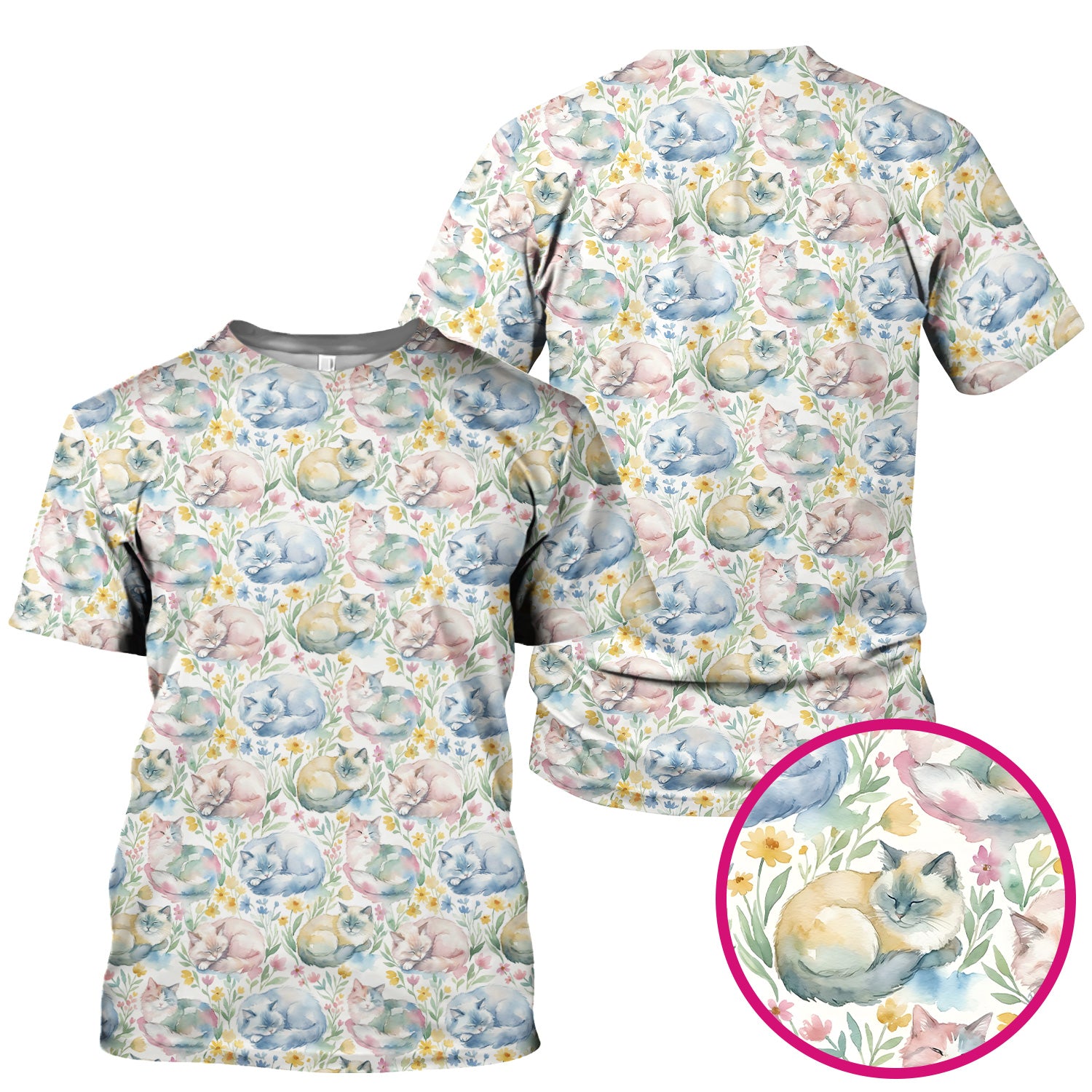 Dreamy Sleeping Cat Floral Pattern Scrub Top, Comfortable Scrubs for Nurses
