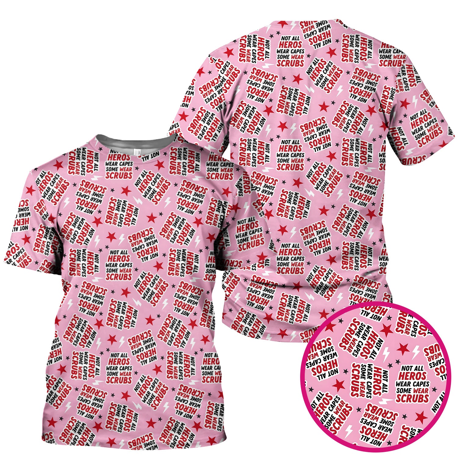 Not All Heroes Wear Scrubs Quote Stars Lightning Pattern Scrub Top, Comfortable Scrubs for Nurses