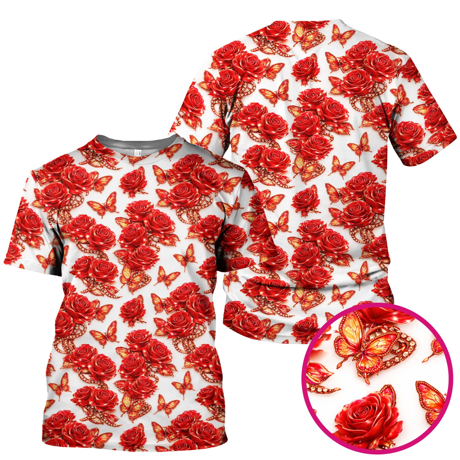 Red Rose and Butterfly Pattern Scrub Top, Comfortable Scrubs for Nurses
