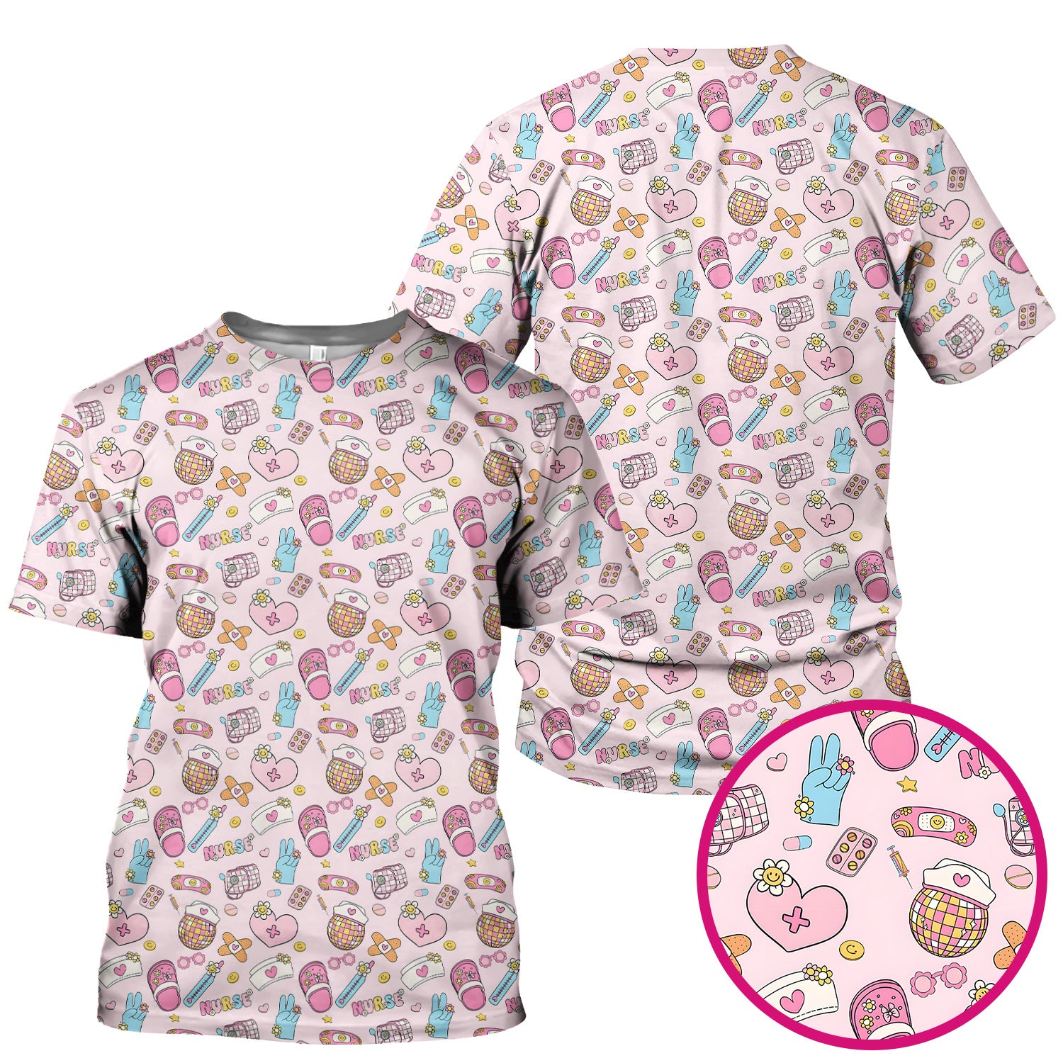 Cute Nurse Pink Medical Tools Pattern Scrub Top, Breathable Healthcare Uniform Top