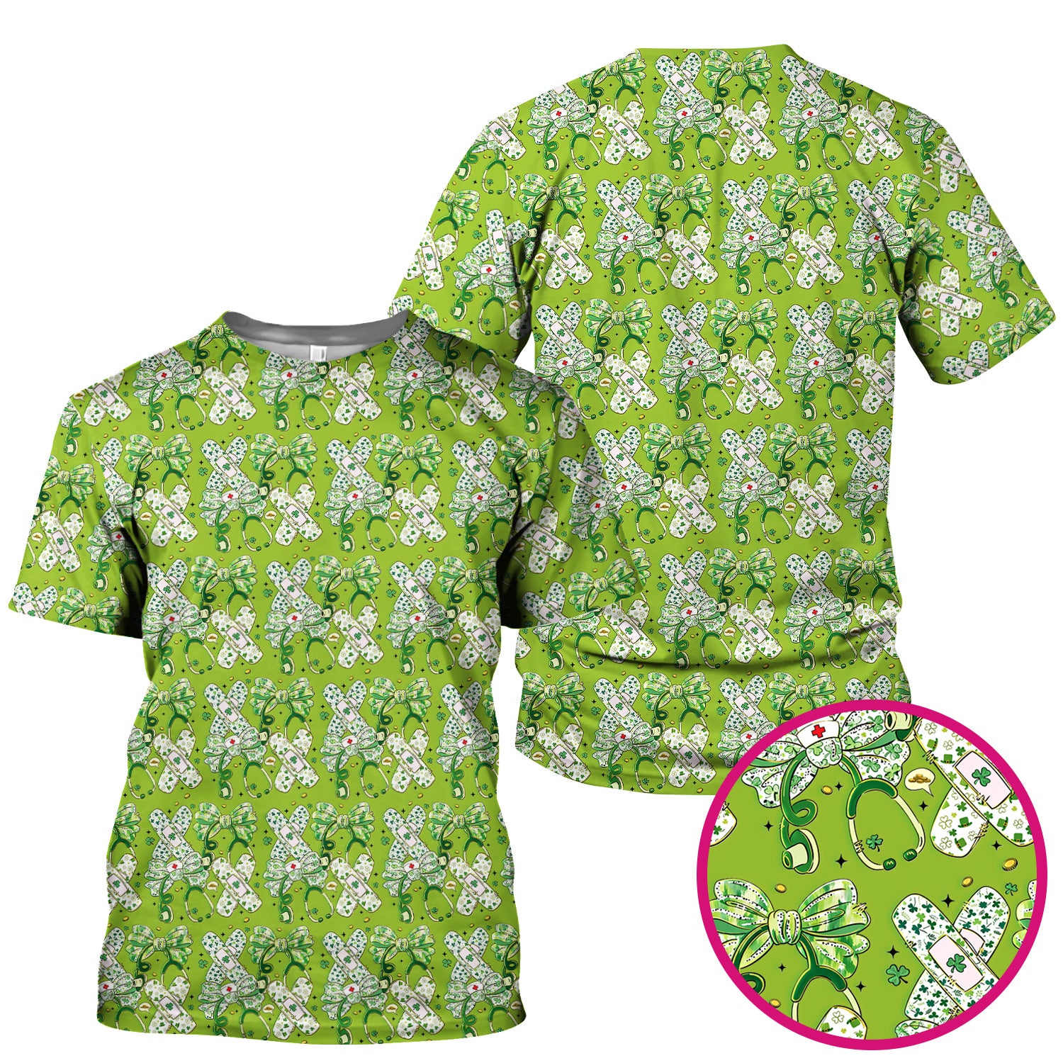 St Patrick Shamrock Stethoscope Bow Print Scrub Top, Breathable Fabrics Nursing Uniform