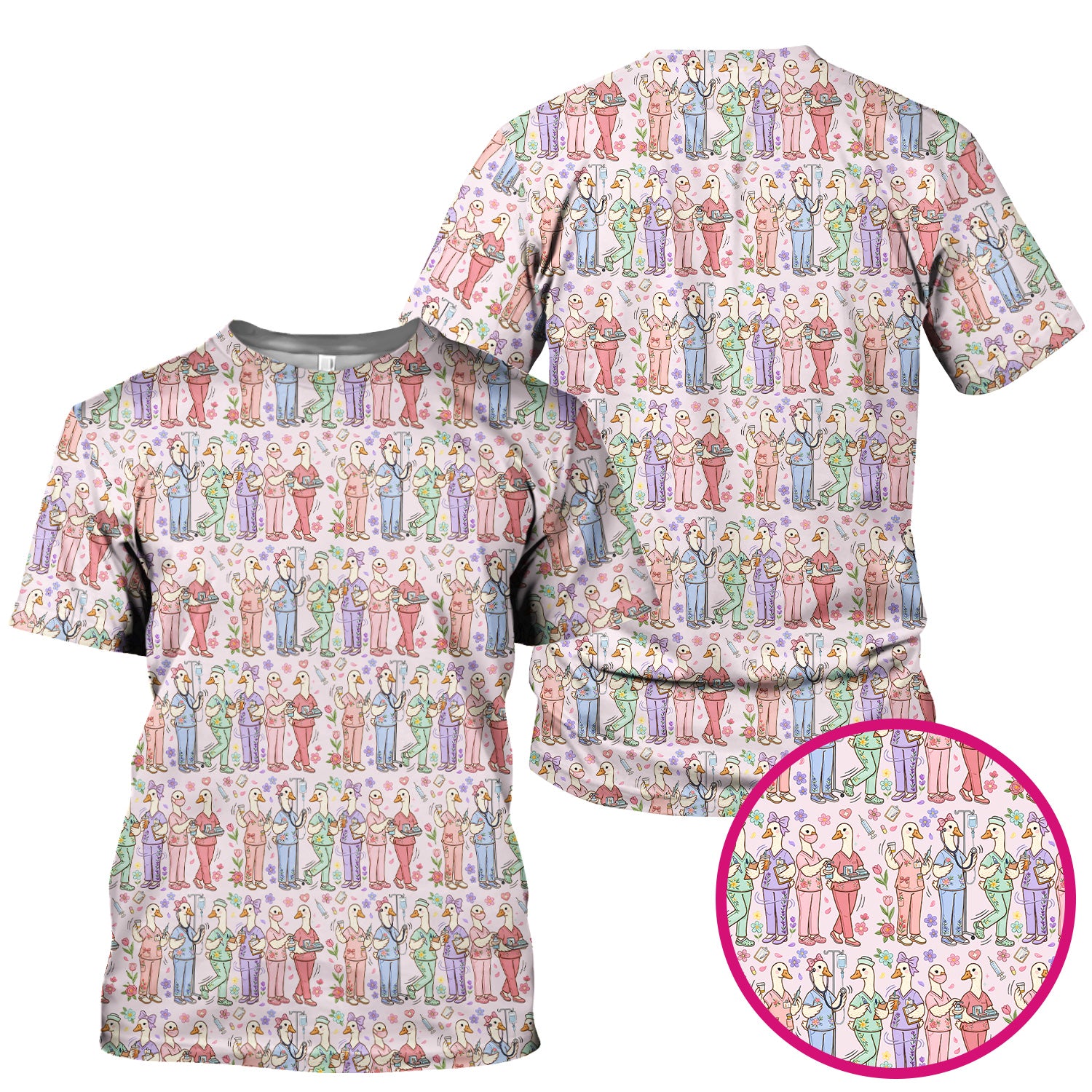 Goose Characters Floral Medical Team Uniform Pattern Scrub Top, Breathable Fabrics Nursing Uniform