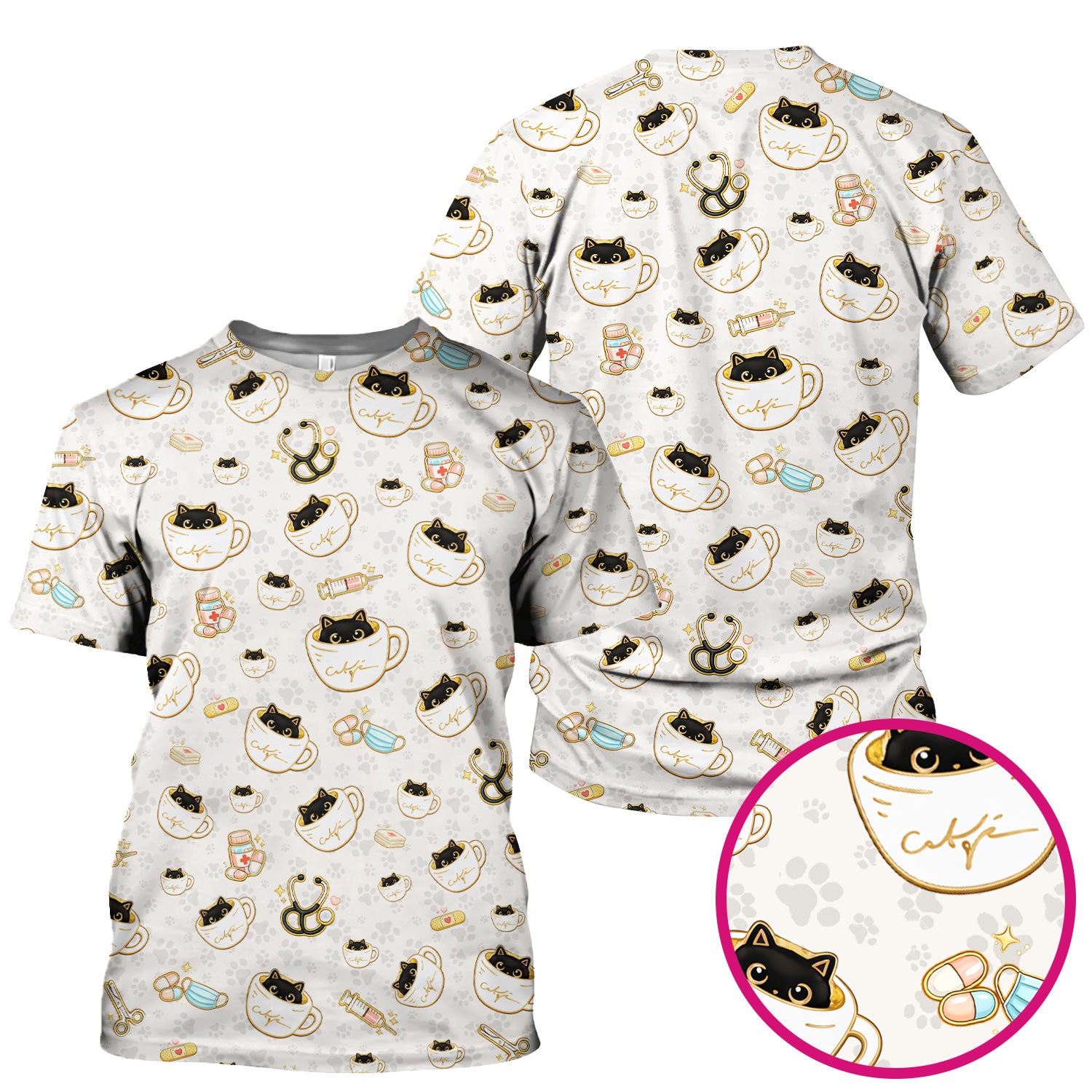 Cute Coffee Cat Medical Print Scrub Top, Breathable Fabrics Nursing Uniform
