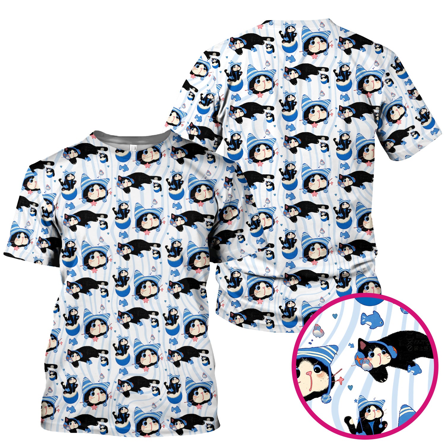 Charming Kitten Fish Pattern Scrub Top, Comfortable Scrubs for Nurses