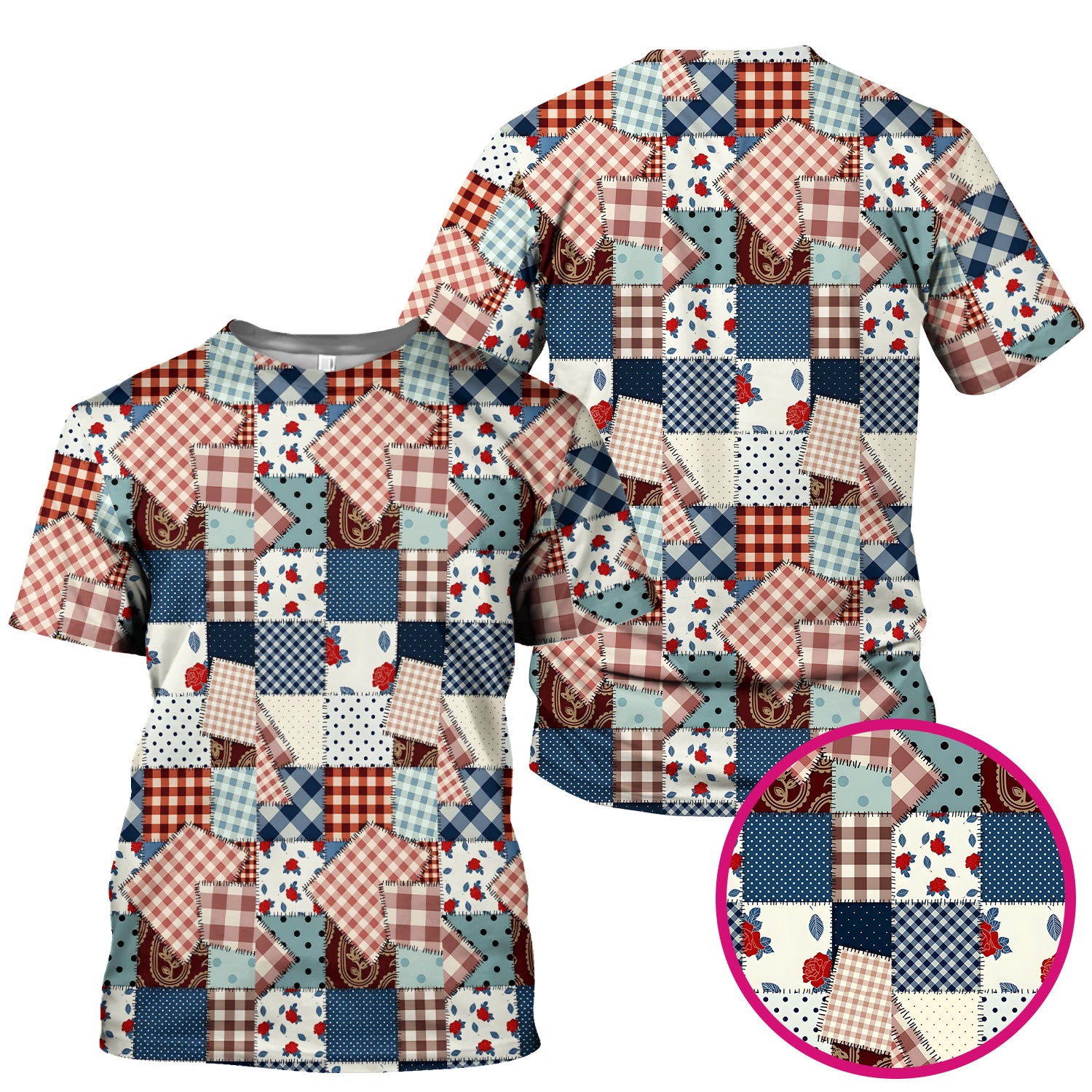 Retro Patchwork Plaid Quilt Pattern Scrub Top, Comfortable Scrubs for Nurses