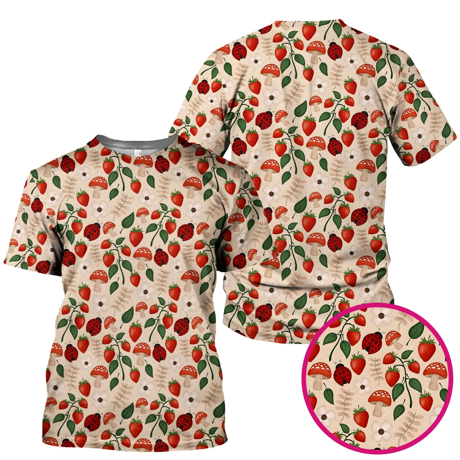 Strawberry Ladybug Mushroom Floral Scrub Top, Breathable Fabrics Nursing Uniform