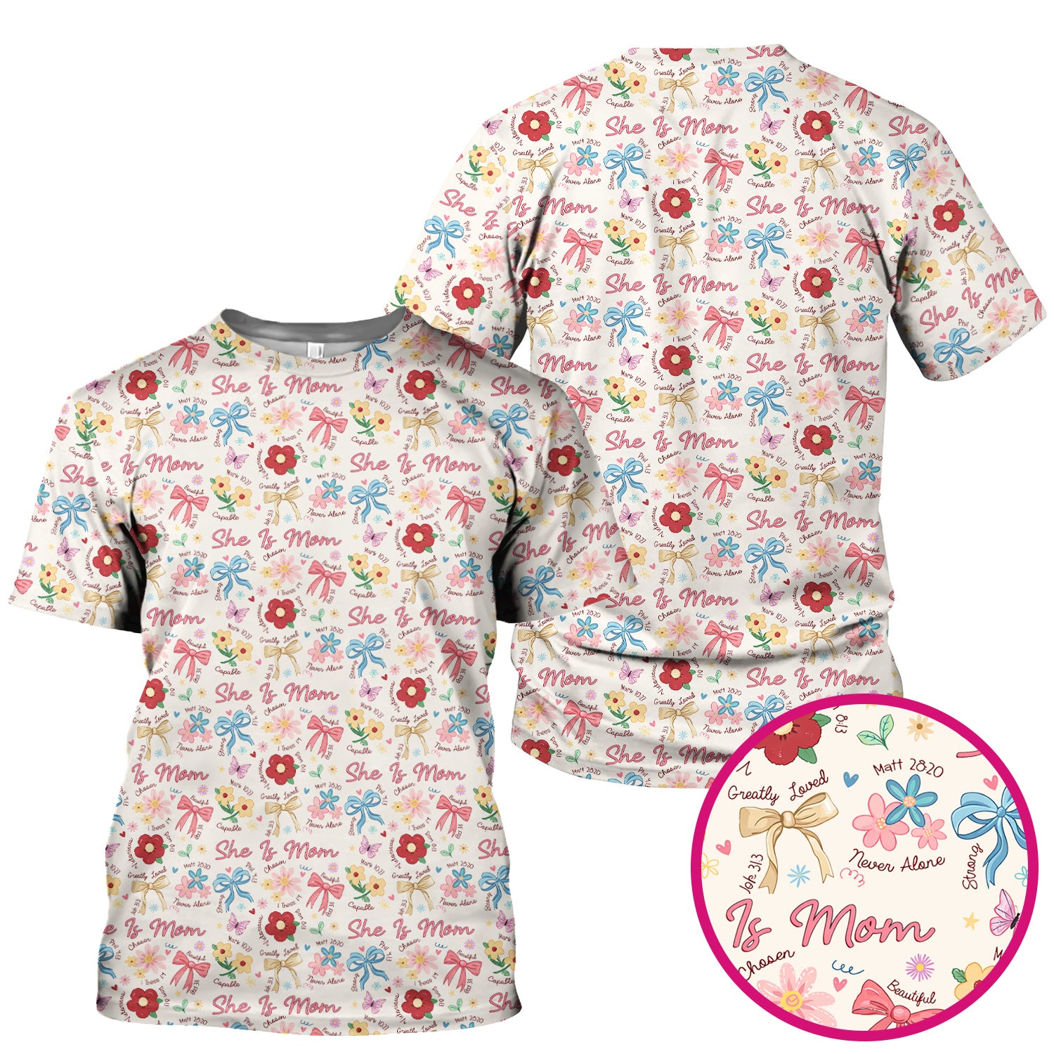 She Is Mom Floral Bow Pattern Scrub Top, Comfortable Scrubs for Nurses
