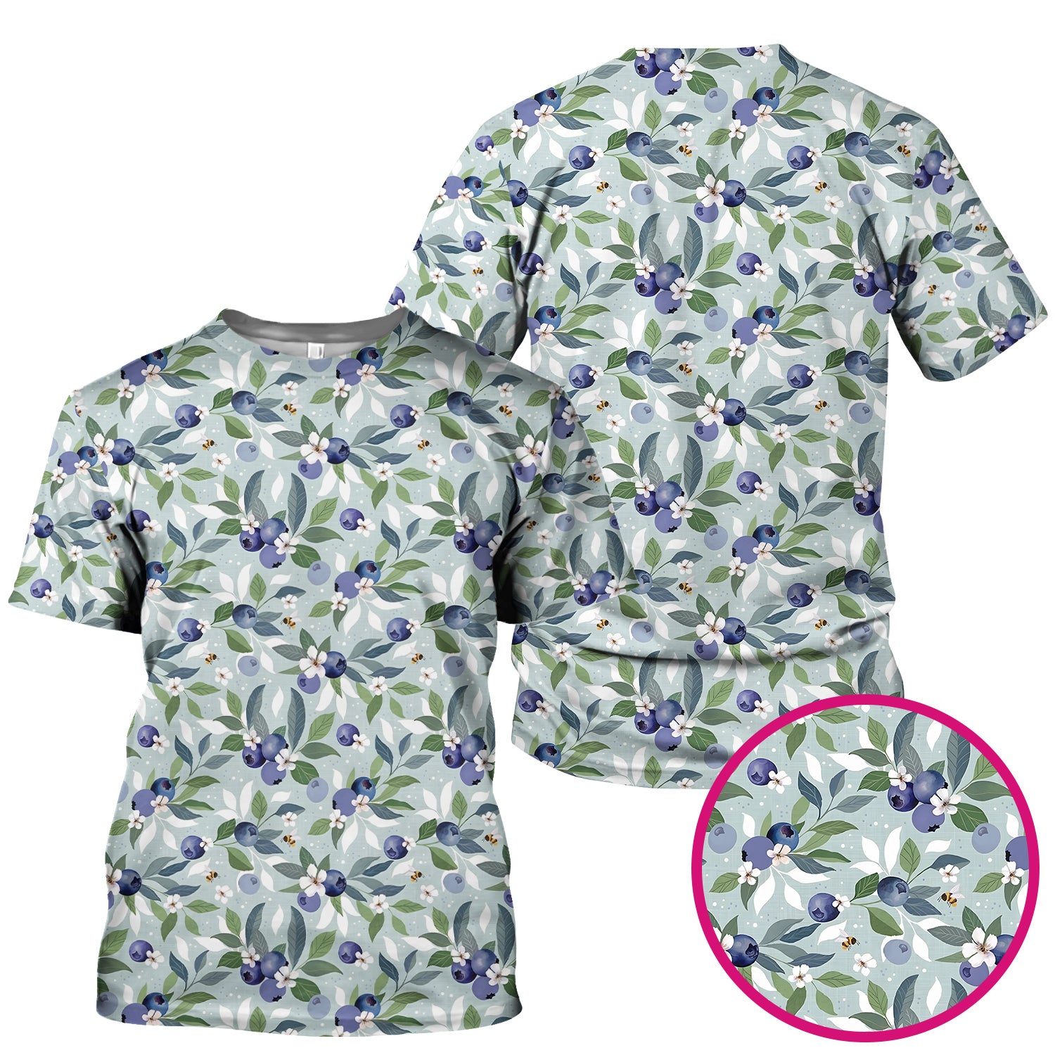 Fresh Blueberry Blossom Garden Pattern Nurse Scrub Top, Breathable Fabrics Nursing Uniform