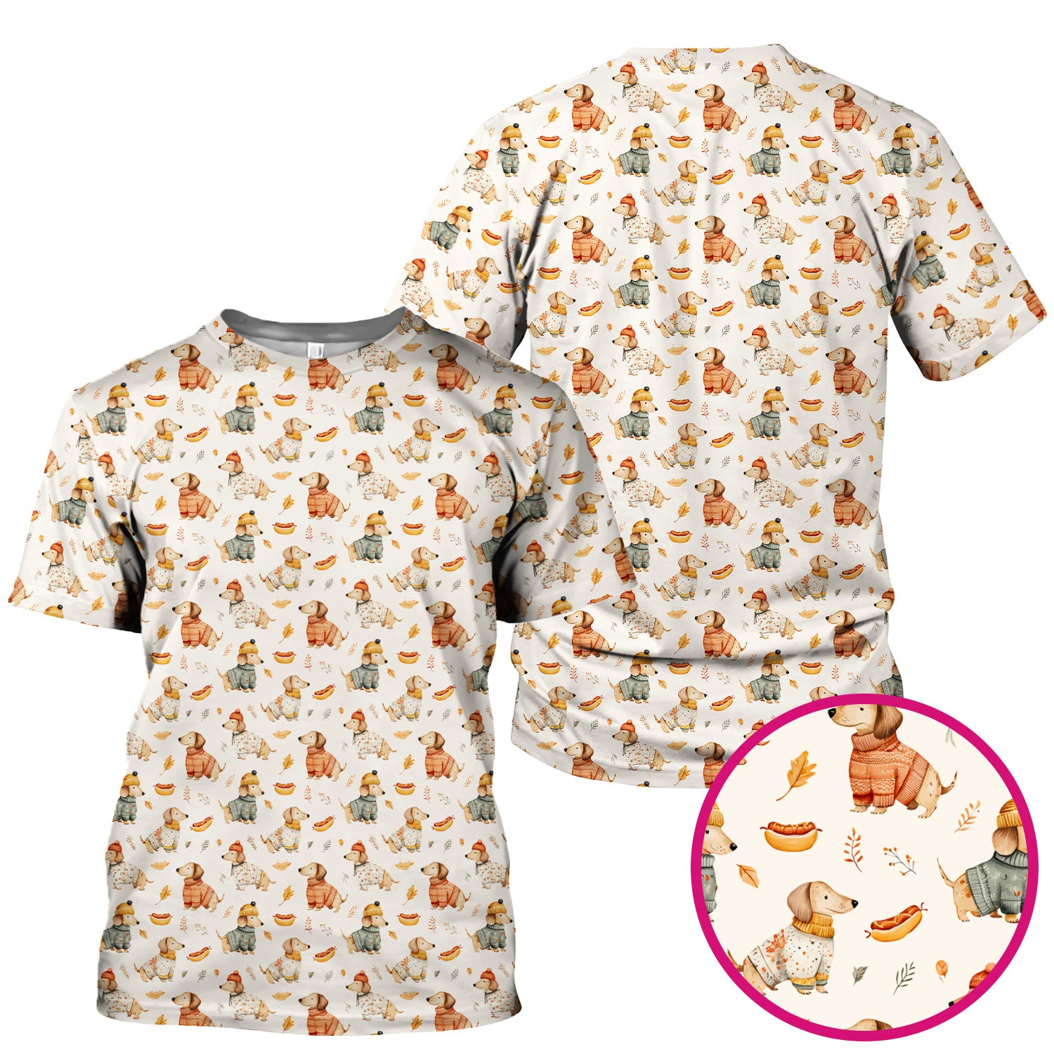 Autumn Dachshund Dog Sweater Print Scrub Top, Comfortable Scrubs for Nurses
