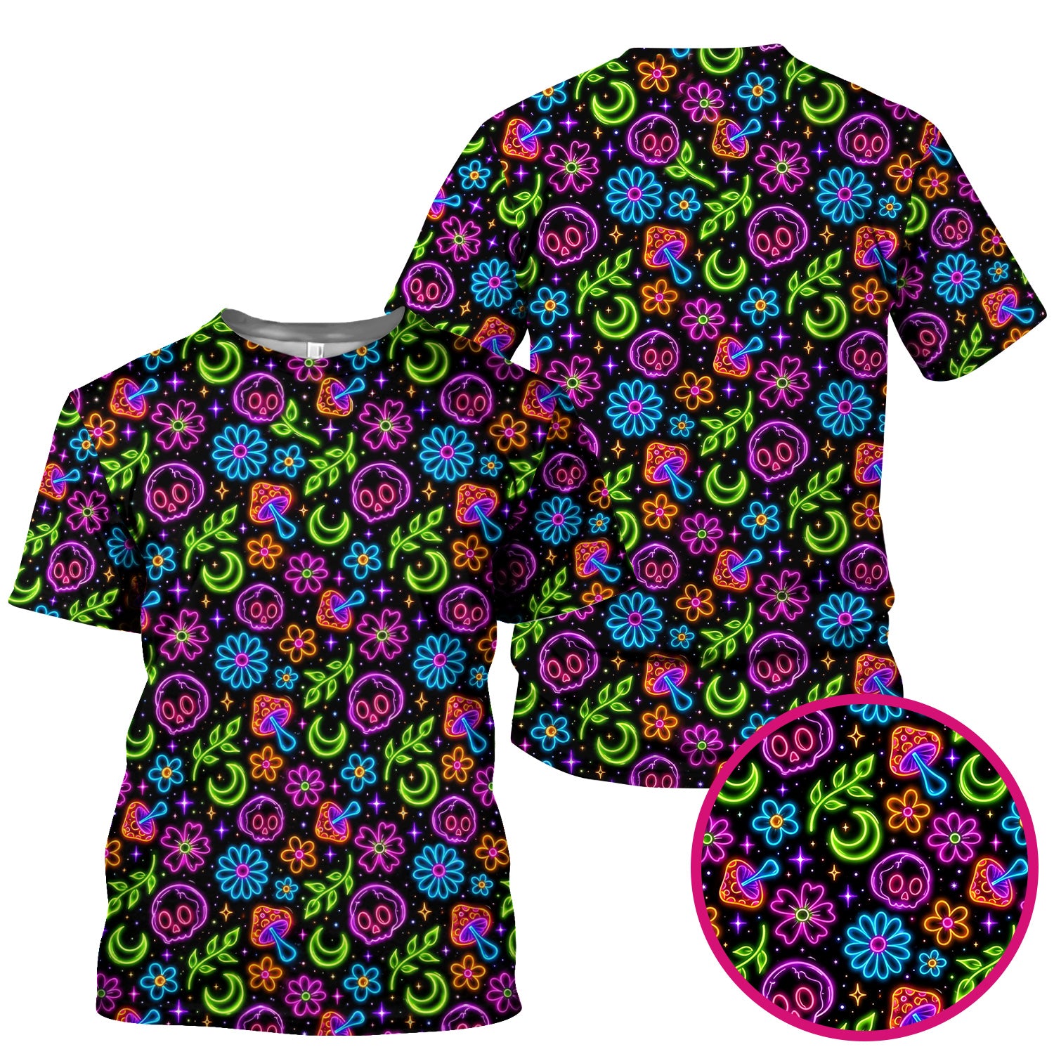 Neon Skull Mushroom Floral Scrub Top, Colorful Gothic Nurse Scrubs Uniform