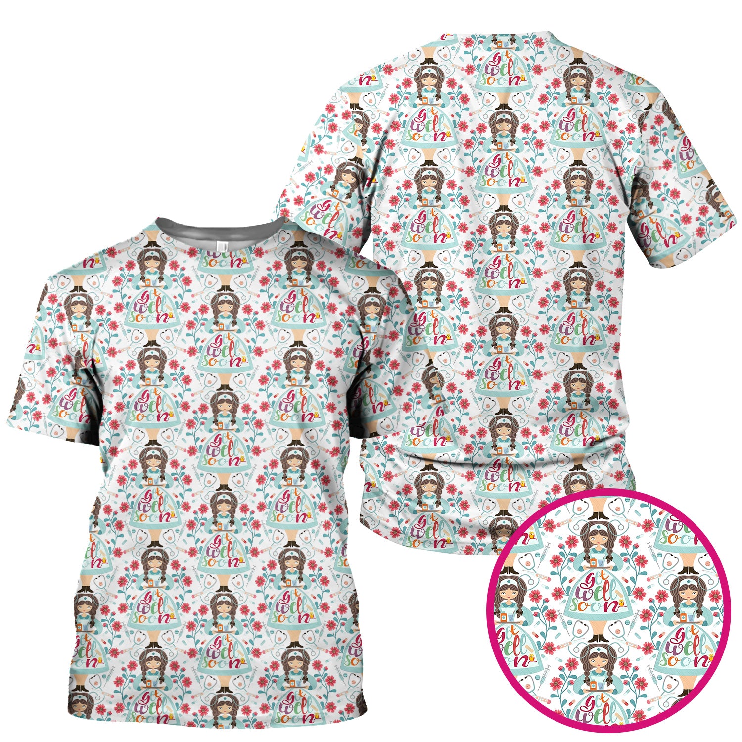 Get Well Soon Girl Floral Caring Pattern Scrub Top, Comfortable Scrubs for Nurses