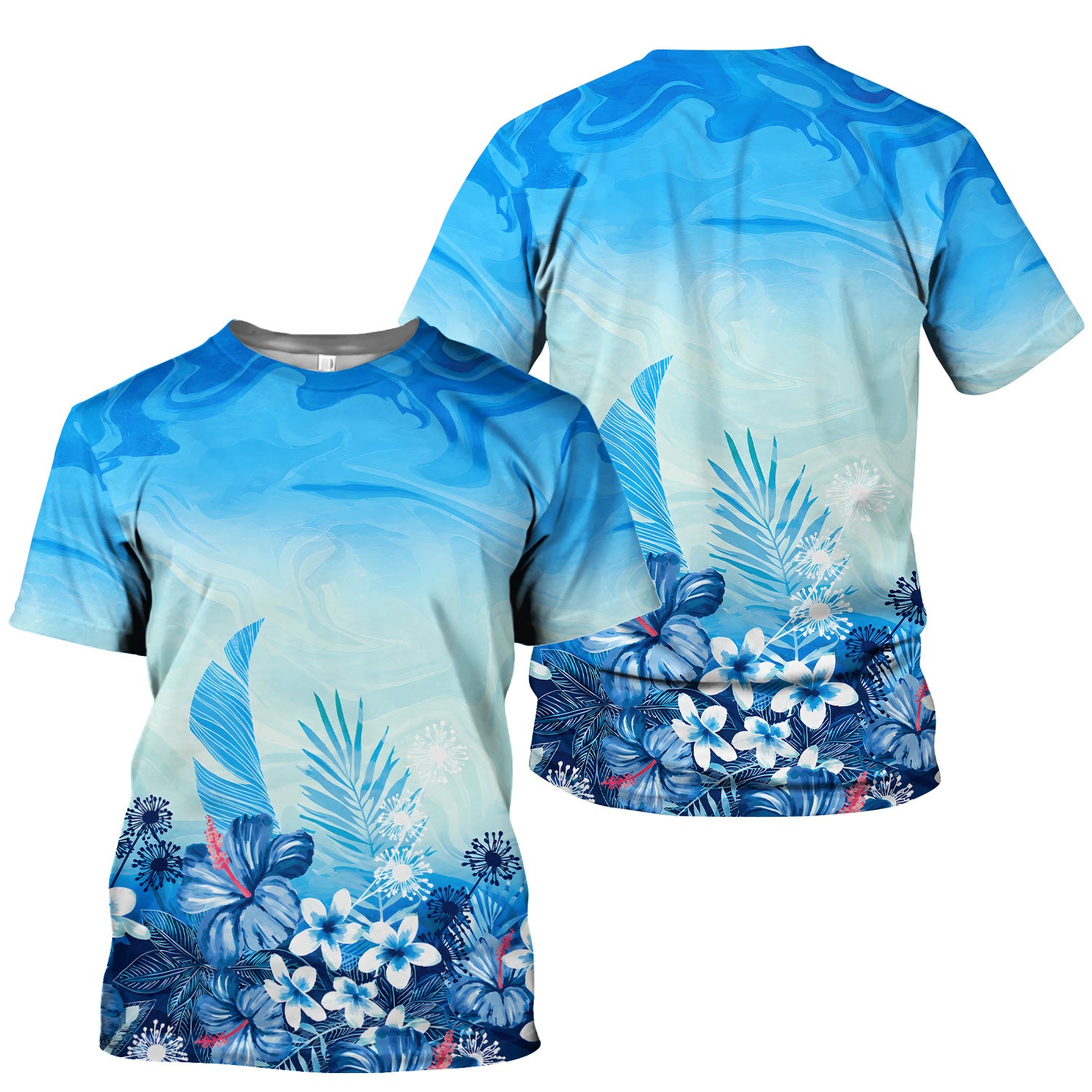 Elegant Blue Tropical Floral Pattern Scrub Top, Comfortable Scrubs for Nurses