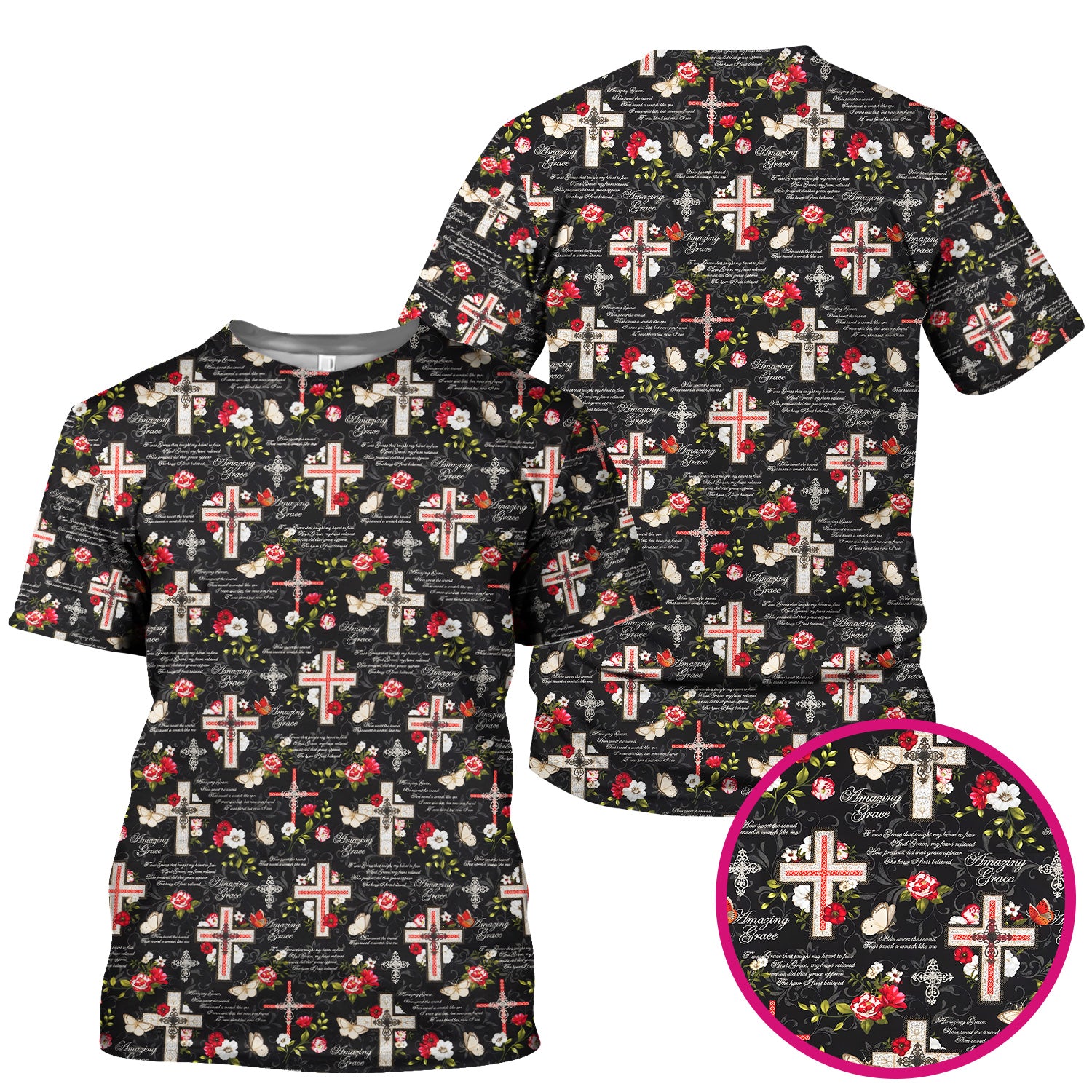 Christian Cross Roses And Butterflies Print Scrub Top, Comfortable Scrubs for Nurses
