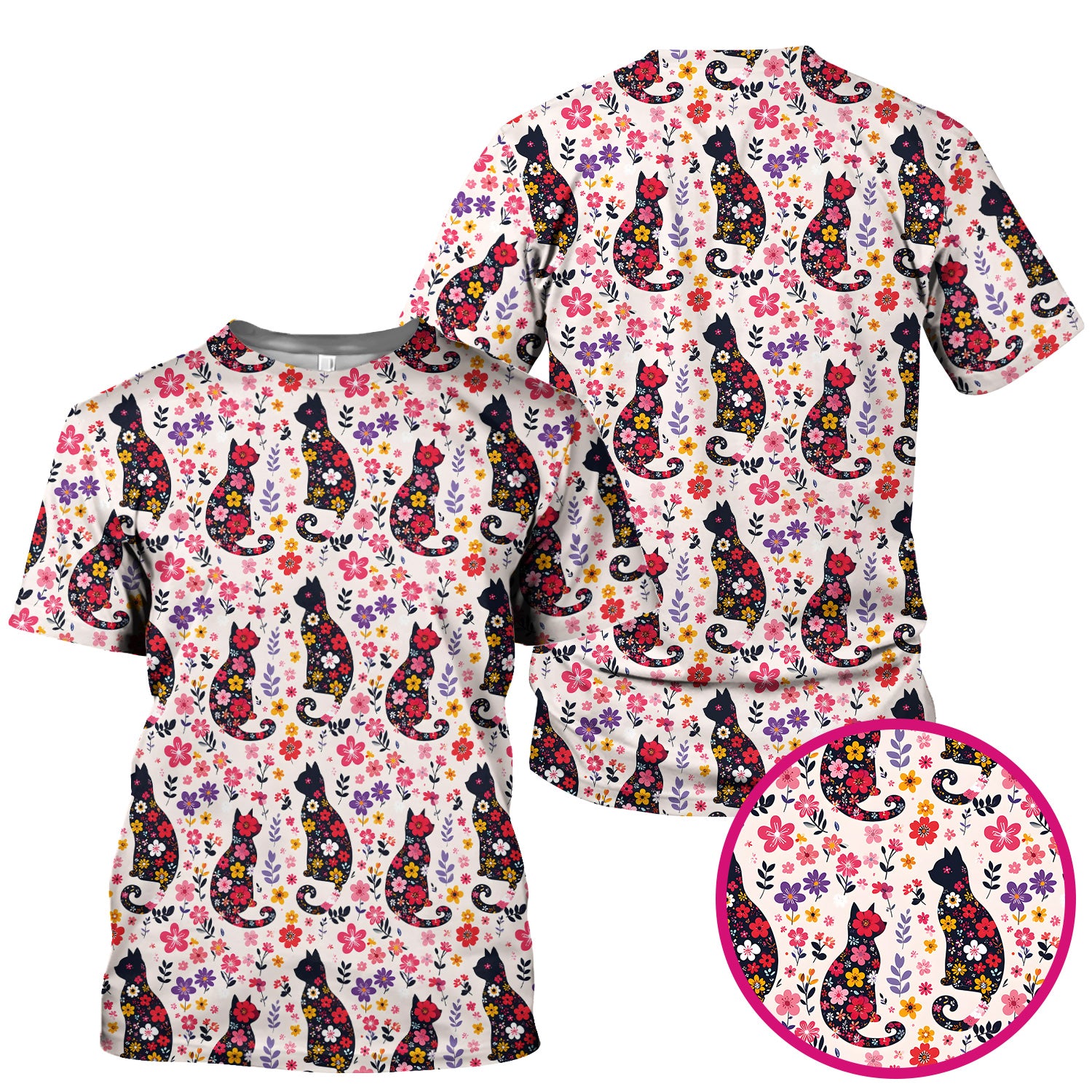 Floral Cat Silhouette Spring Garden Pattern Scrub Top, Comfortable Scrubs for Nurses