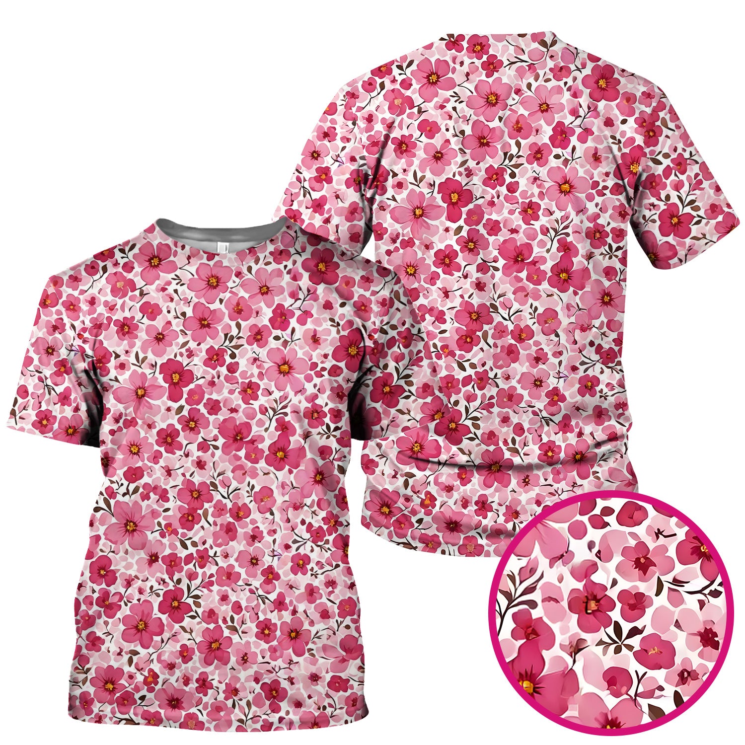 Pink Cherry Blossom Floral Pattern Scrub Top, Comfortable Scrubs for Nurses
