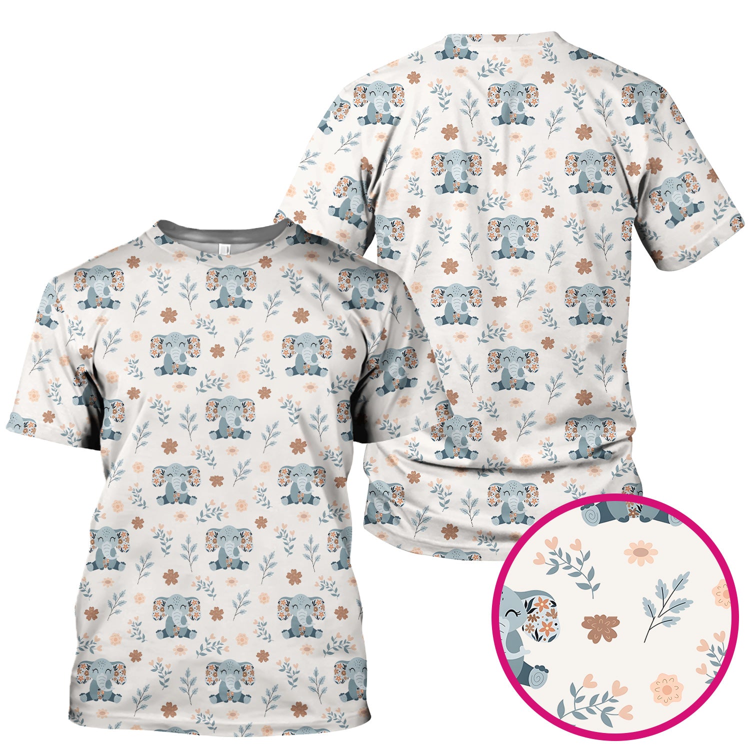 Cute Elephant Floral Print Scrub Top, Comfortable Scrubs for Nurses