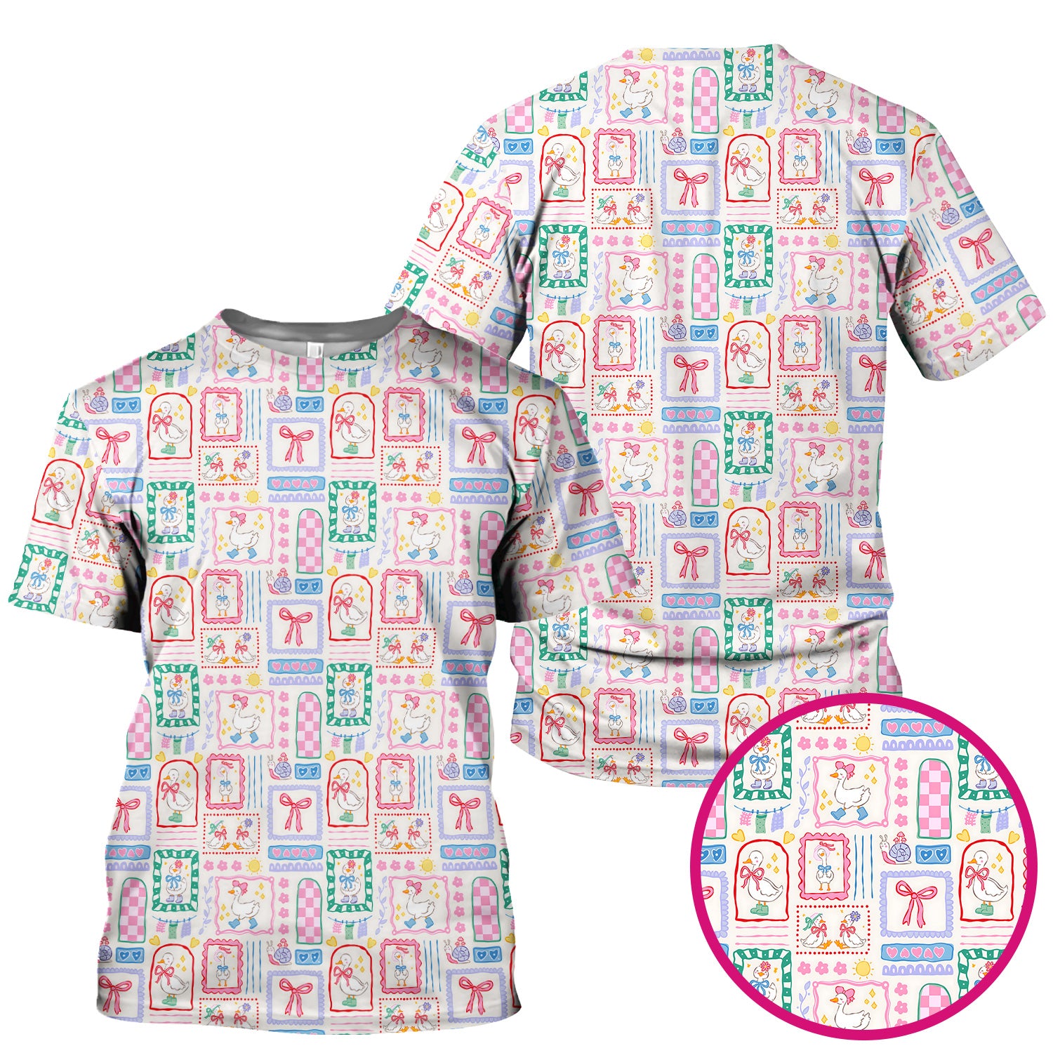 Adorable Nurse Goose Ribbon Patchwork Frame Pattern Scrub Top, Comfortable Scrubs for Nurses