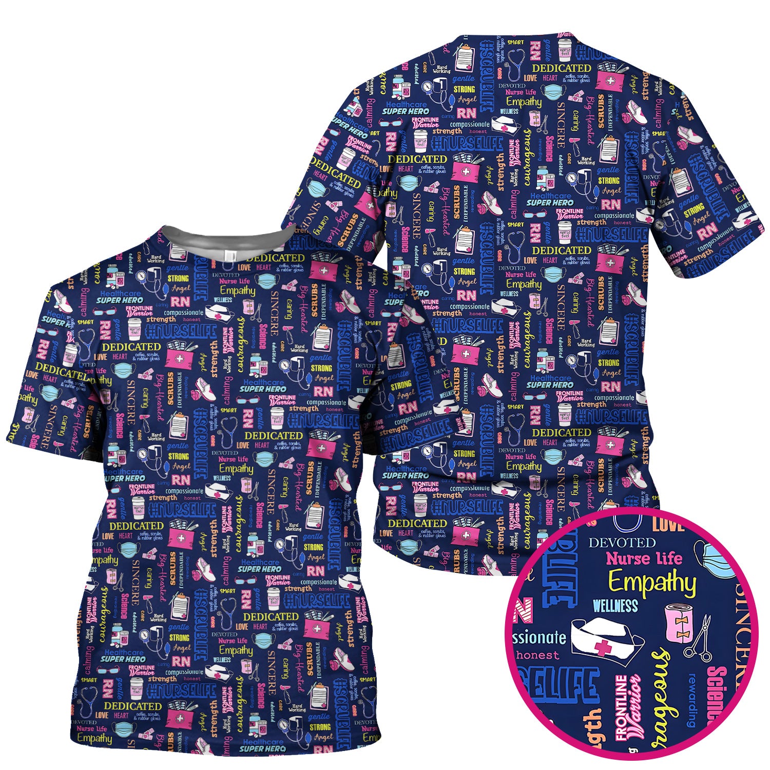 Colorful Nurse Life Typography Print Scrub Top, Breathable Fabrics Nursing Uniform