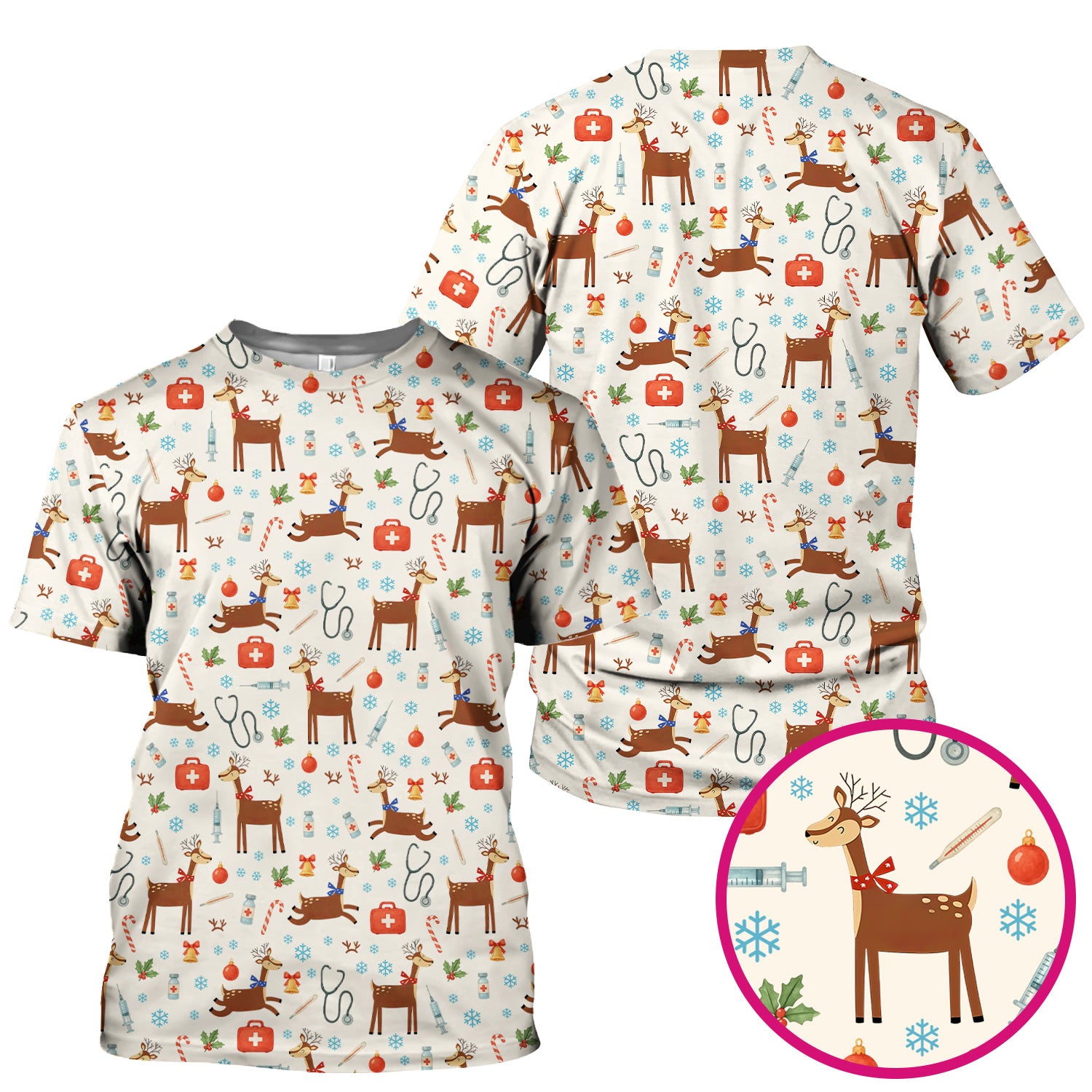 Reindeer Christmas Scrub Top - Snowflakes Candy Canes Holiday Medical Shirt - Xmas Scrubs for Women RN CNA LPN
