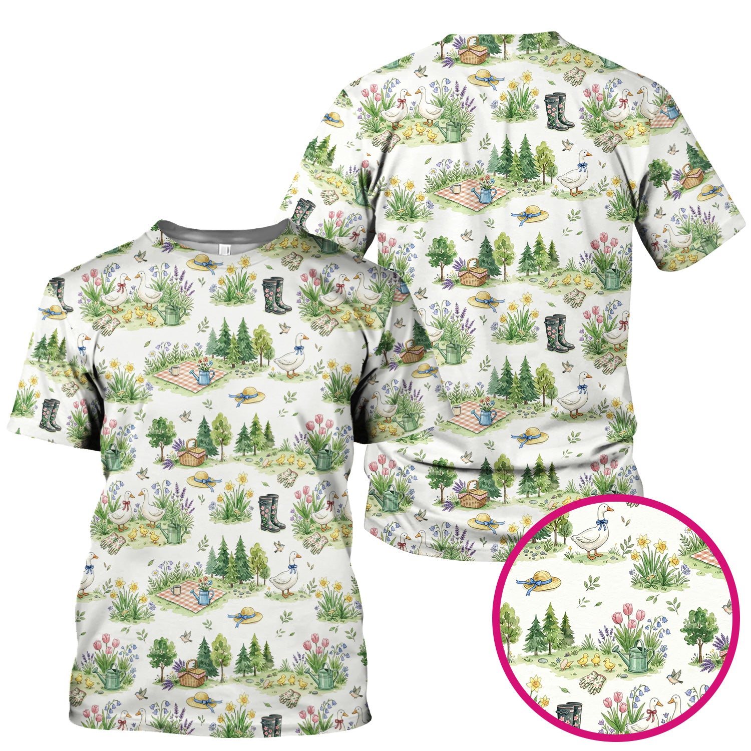 Cute Duck Garden Pattern Scrub Top, Spring Floral Countryside Nursing Uniform