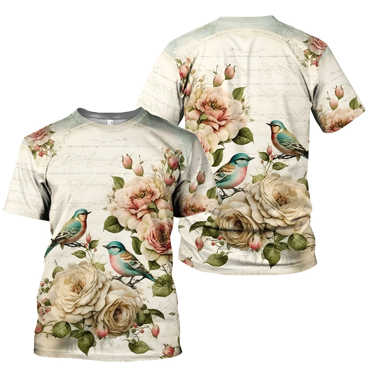 Vintage Birds Rose Pattern Scrub Top, Comfortable Scrubs for Nurses