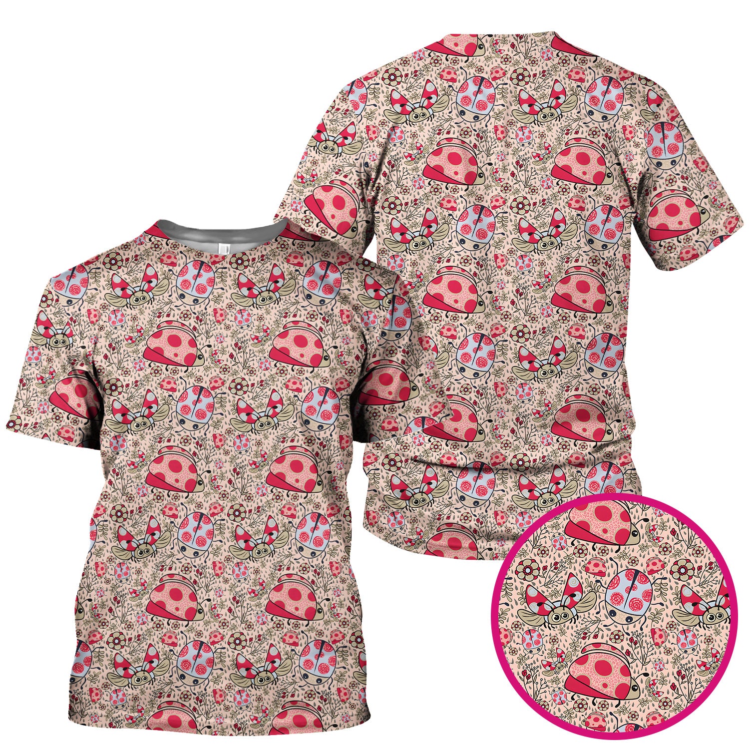 Cute Ladybug Rain Garden Pattern Scrub Top, Breathable Fabrics Nursing Uniform