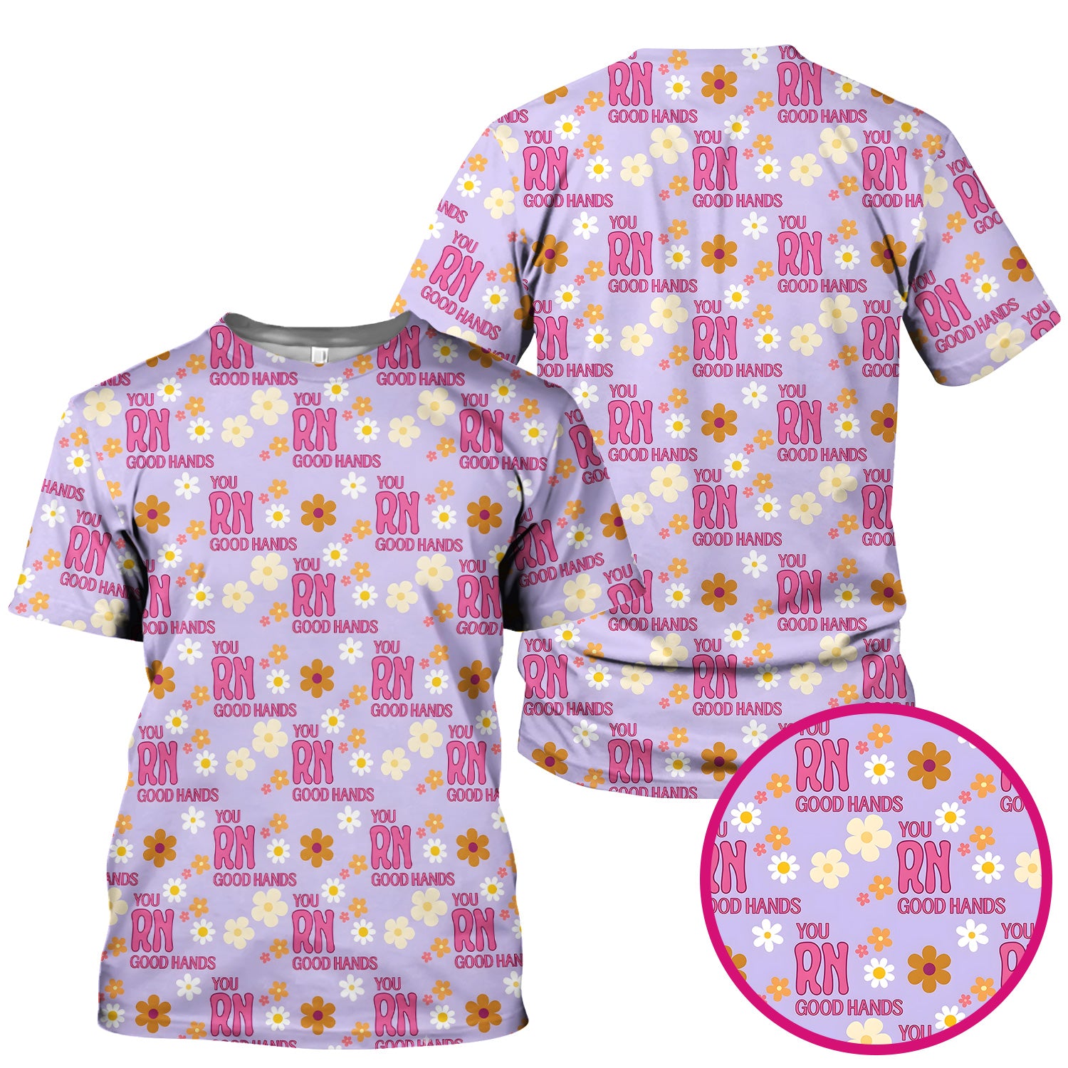 You RN Good Hands Floral Daisy Pattern Scrub Top, Comfortable Scrubs for Nurses