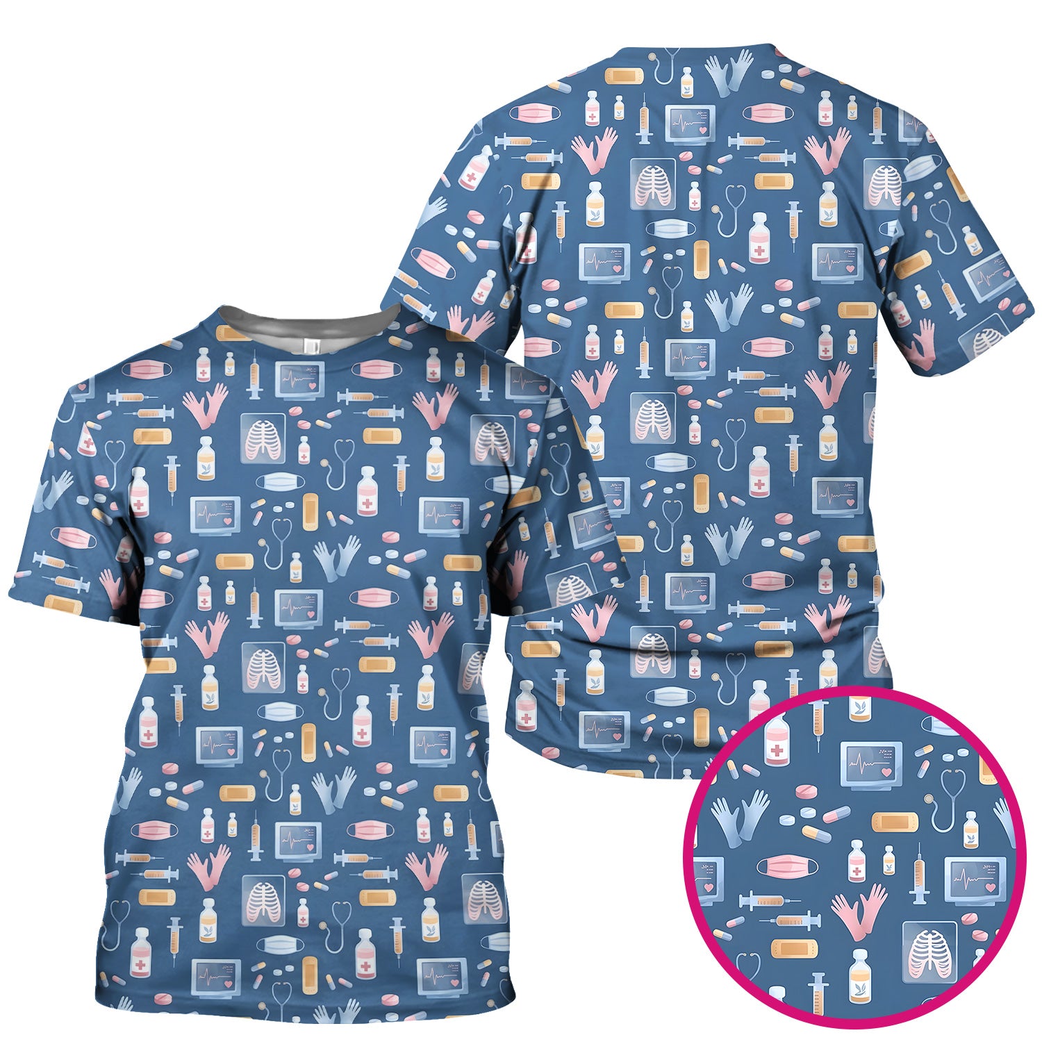 Medical Tools Gloves Syringe Pill Monitor Pattern Scrub Top, Comfortable Scrubs for Nurses