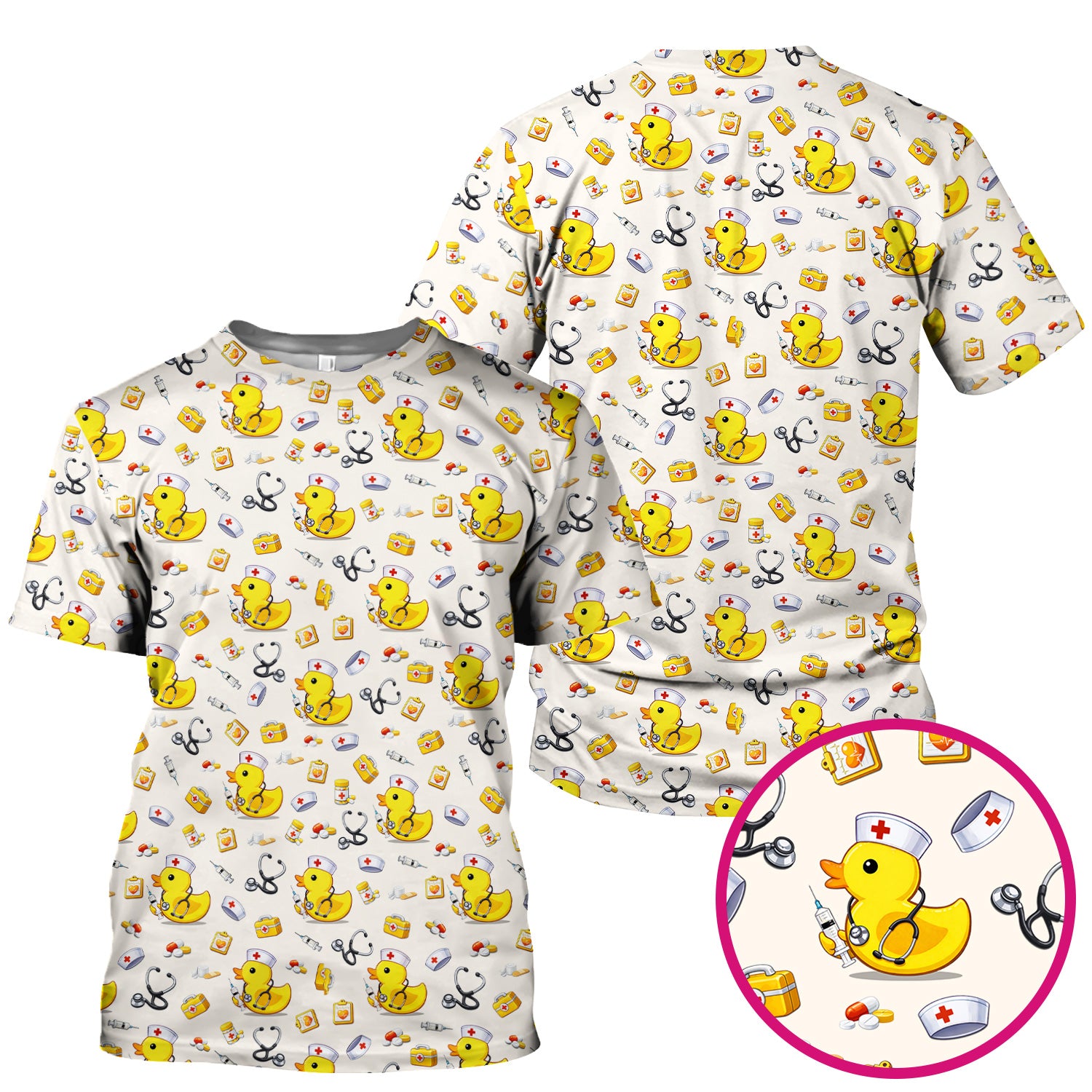Playful Medical Duck Print Nurse Scrub Top, Comfortable Scrubs for Nurses