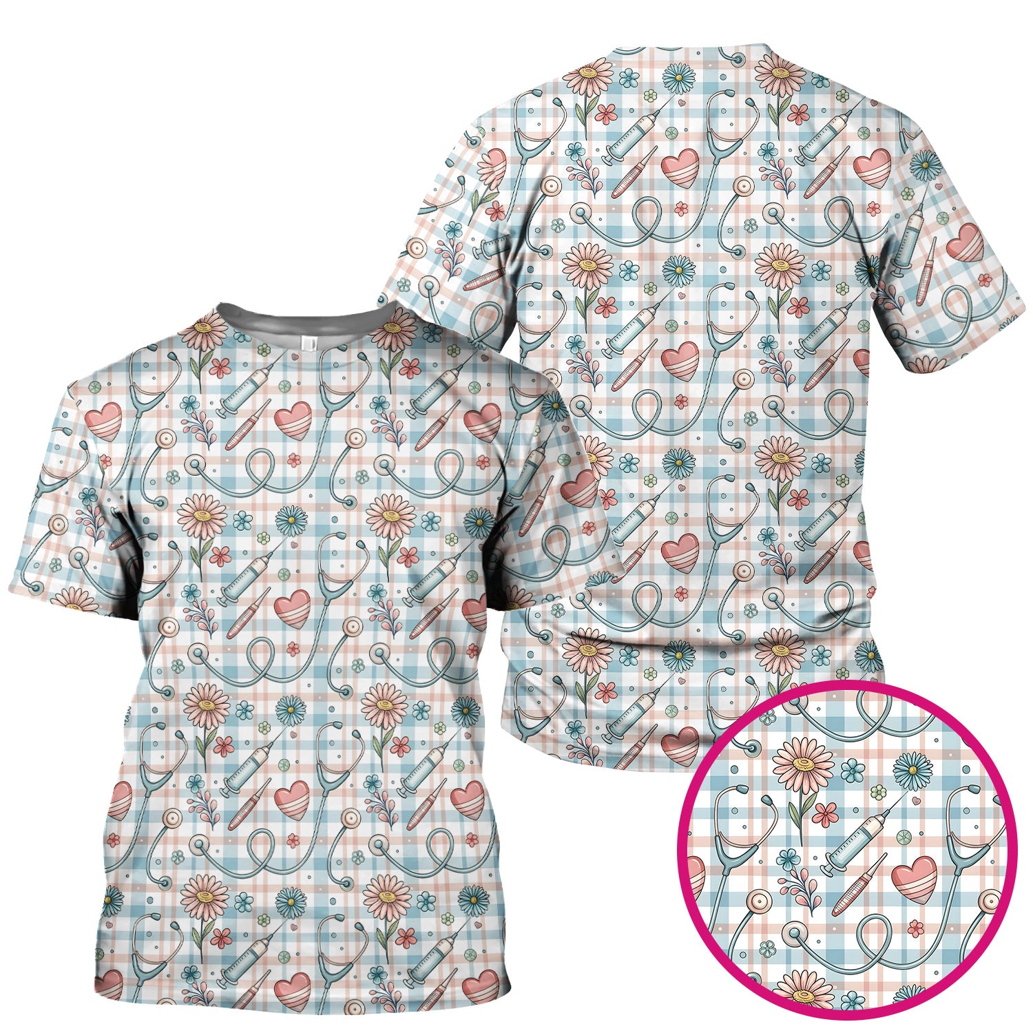 Stethoscope Heart Syringe Floral Plaid Pattern Scrub Top, Comfortable Scrubs for Nurses