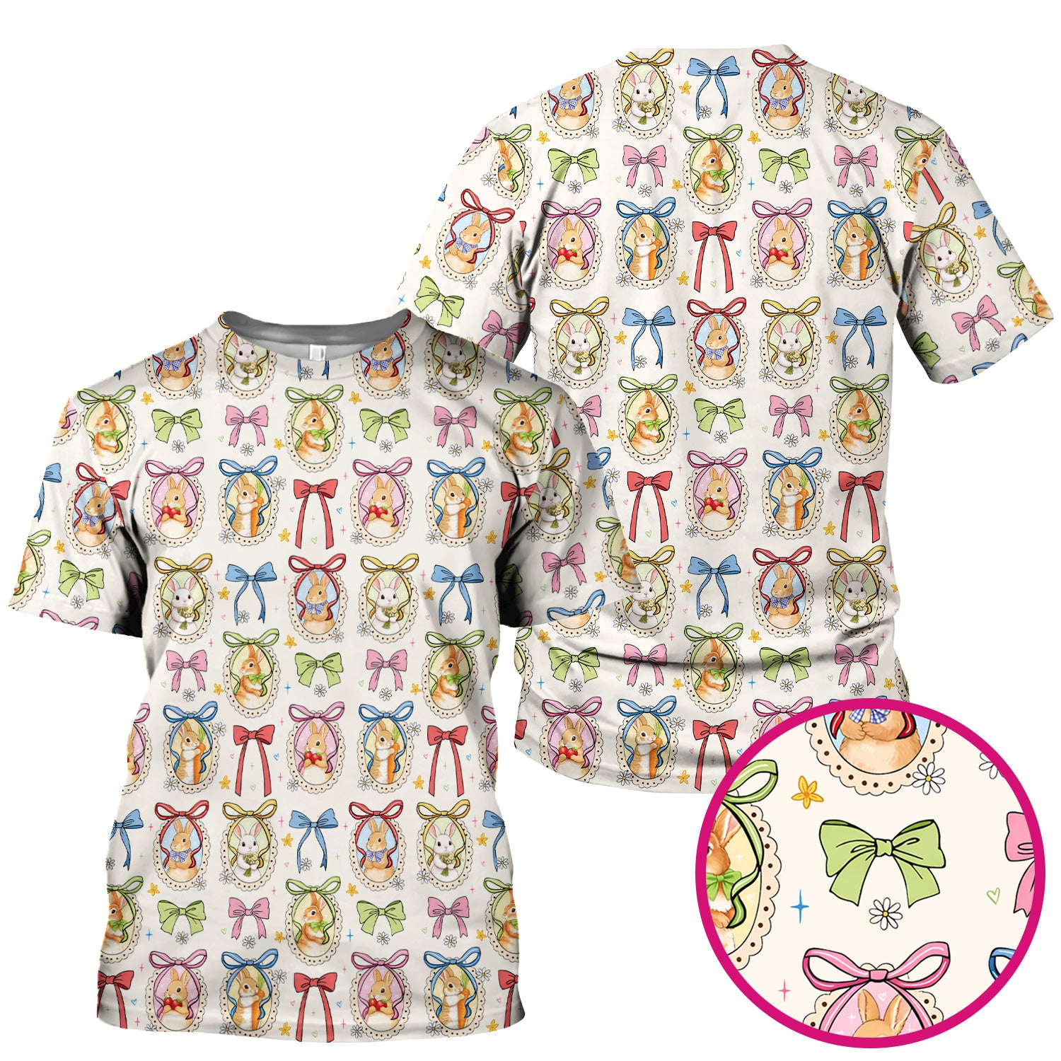 Cute Easter Bunny Cameo Colorful Bow Pattern Scrub Top, Breathable Fabrics Nursing Uniform