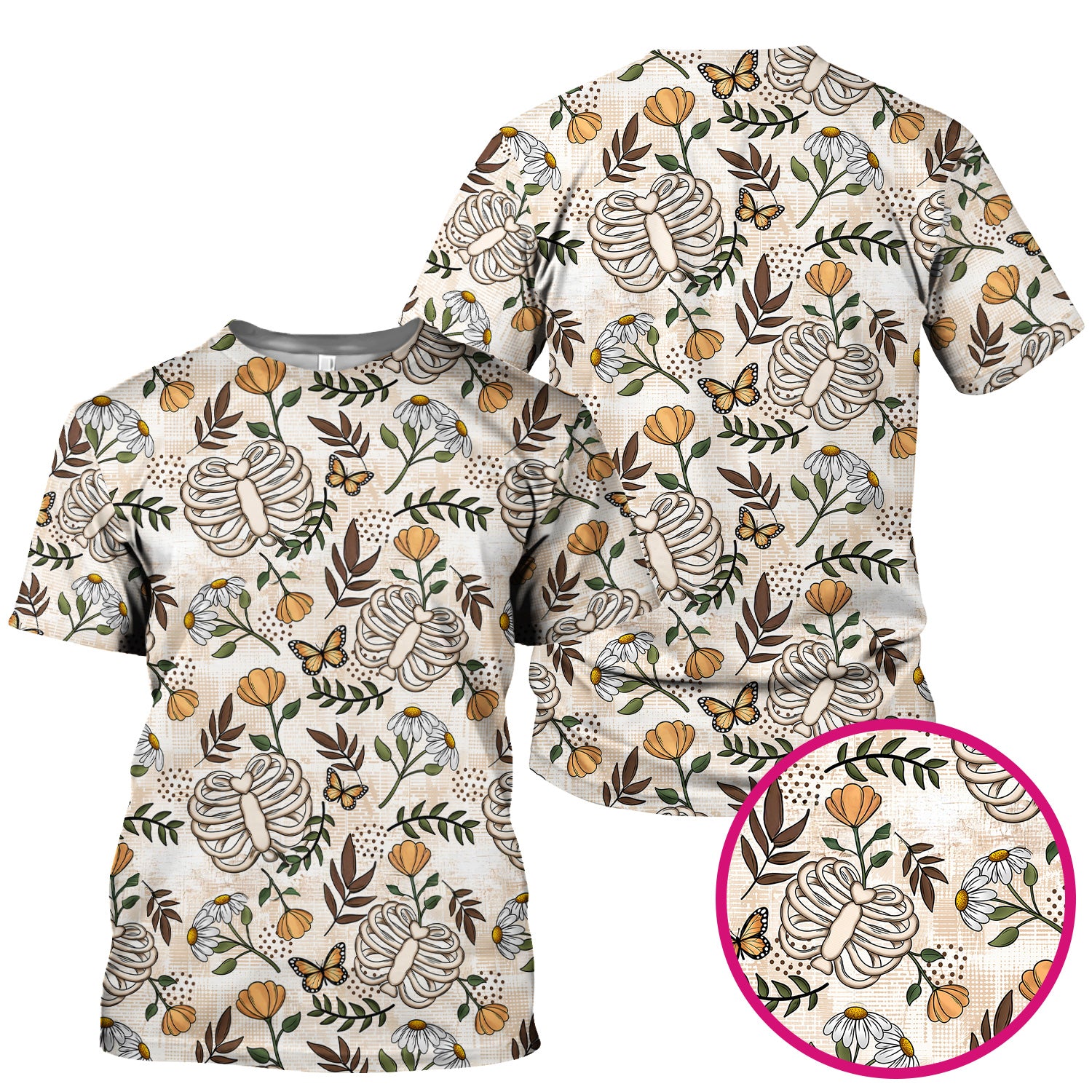 Skeleton Ribcage With Daisy And Butterfly Floral Scrub Top, Breathable Fabrics Nursing Uniform