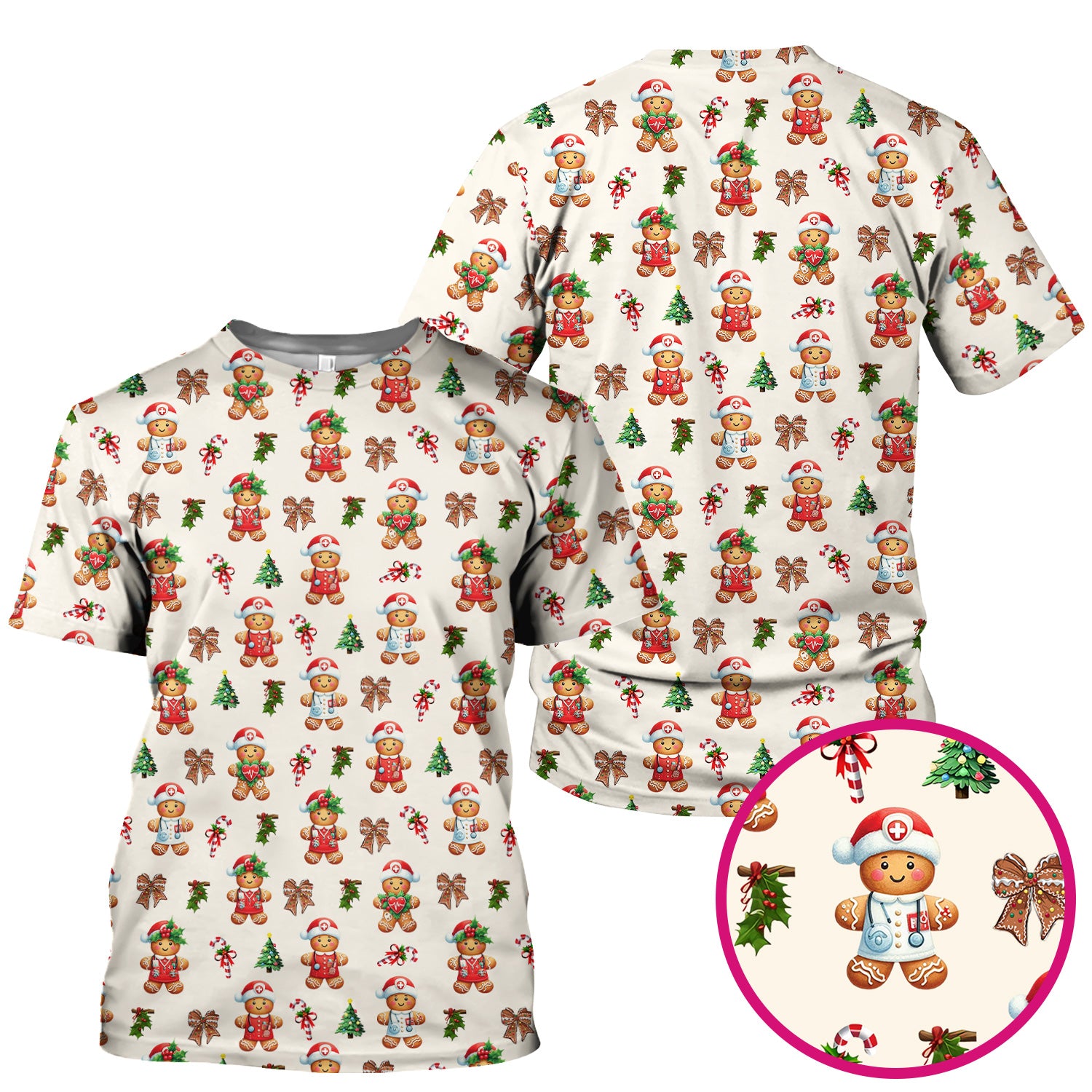 Funny Gingerbread Christmas Scrub Top - Cute Cookie with Bow Shirt - Festive Holiday Scrubs for Women