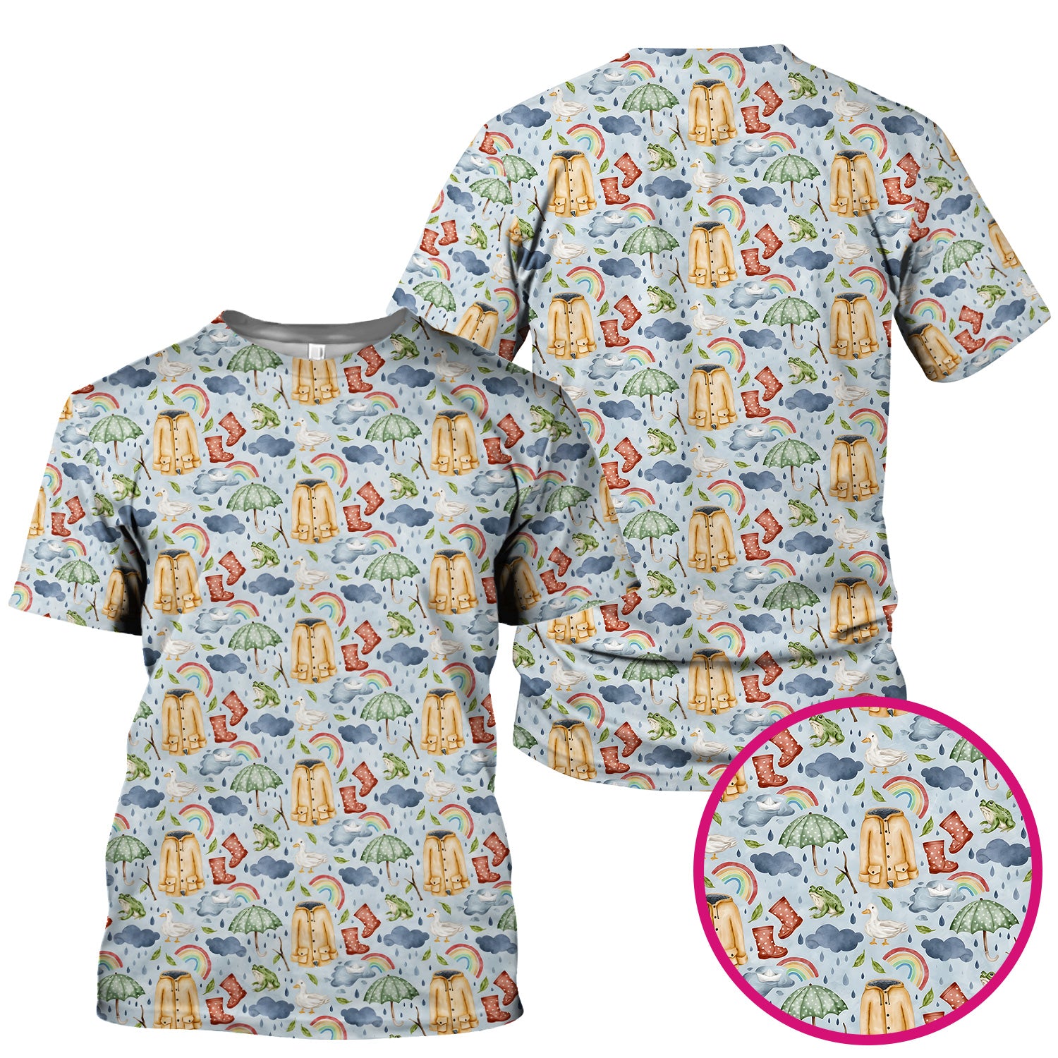 Cute Rainy Day Ducks & Frog Rainbow Pattern Scrub Top, Colorful Gothic Nurse Scrubs Uniform