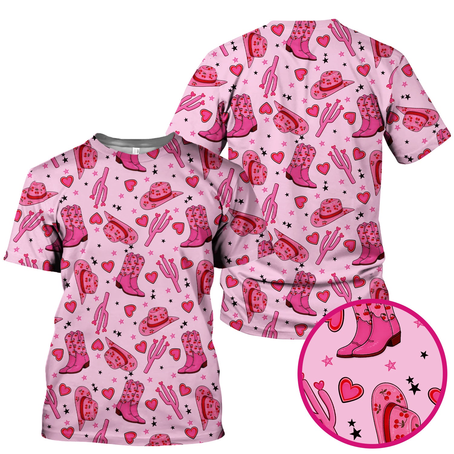 Pink Cowgirl Western Boots Hat Pattern Scrub Top, Breathable Medical Uniform Top
