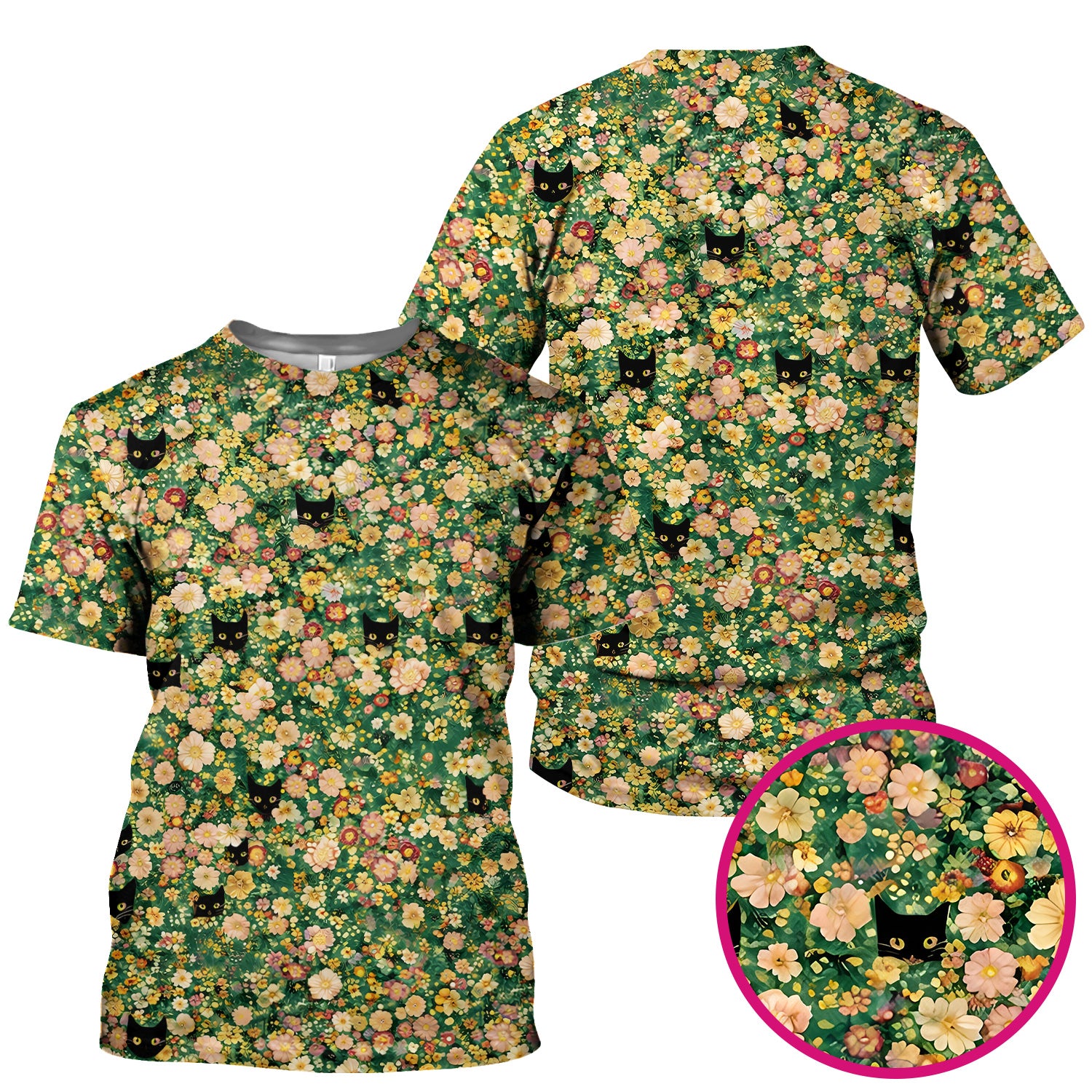 Cute Black Cat In Floral Garden Pattern Scrubs Top, Comfortable Scrubs for Nurses