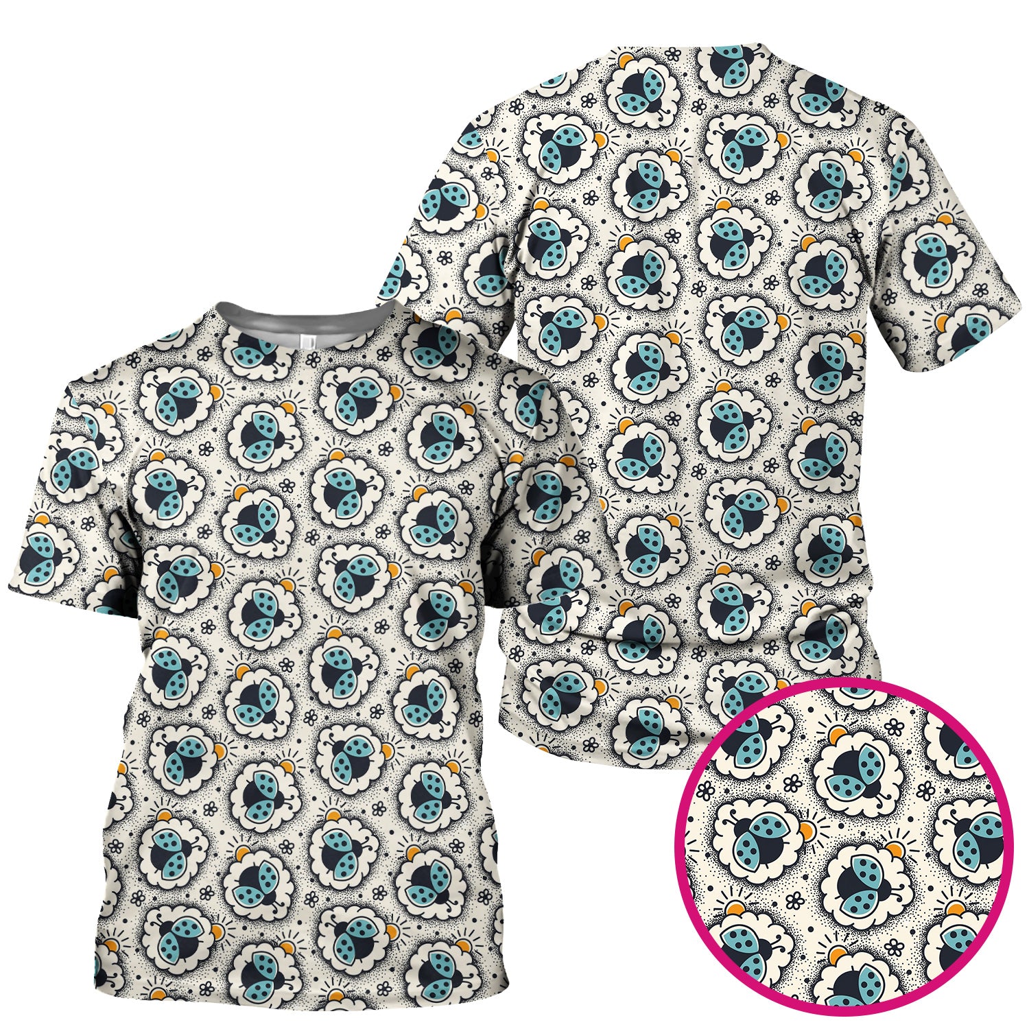 Cute Ladybug in Floral Frame Pattern Scrub Top, Breathable Fabrics Nursing Uniform