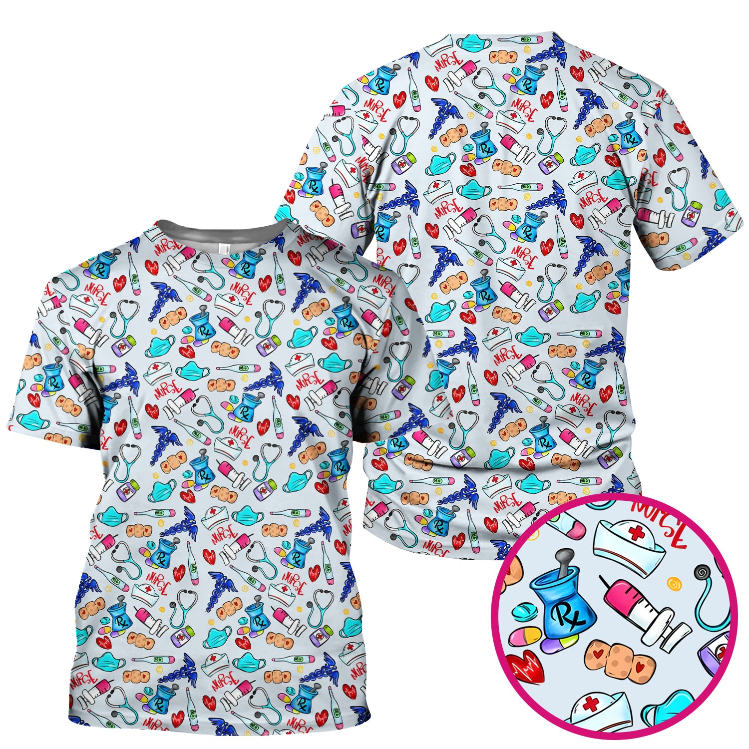 Nurse Medical Icons Stethoscope Heart Pattern Scrub Top, Comfortable Scrubs for Nurses